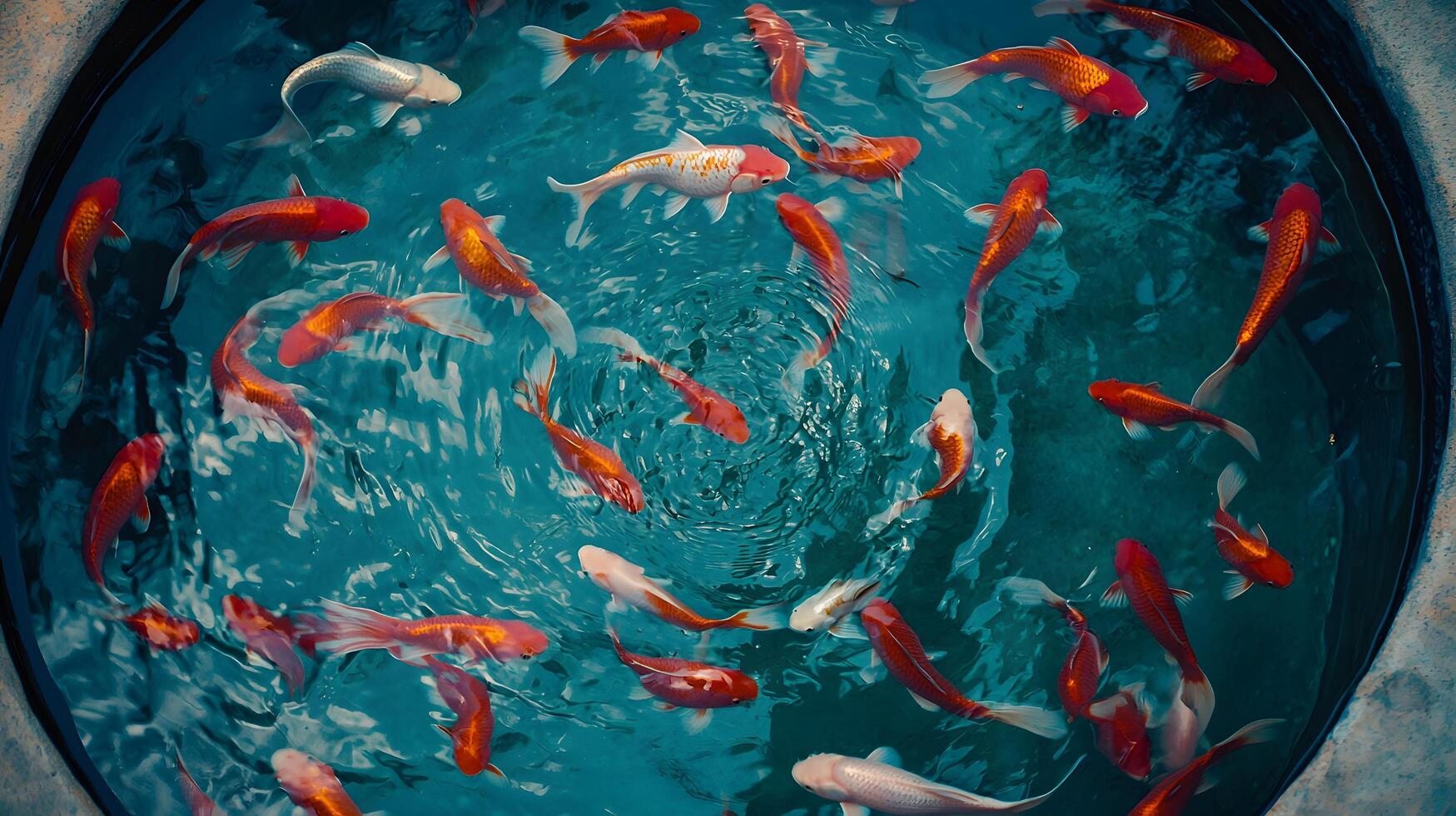 Vibrant Koi Fish Swimming in a Circular Pond Colorful Aquatic Life Top View photo