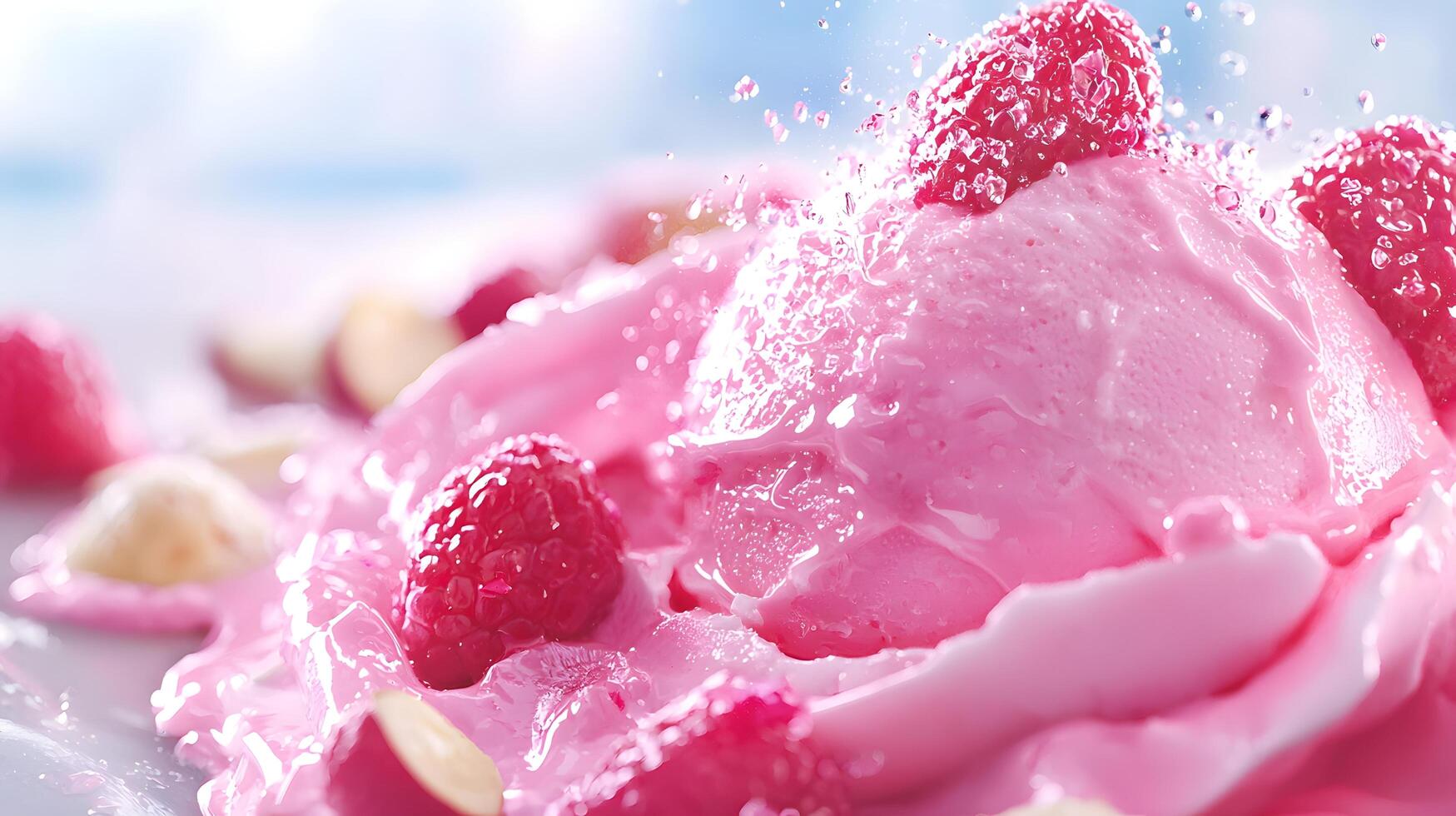 Delicious Pink Raspberry Ice Cream Scoop with Fresh Berries and Water Splash photo