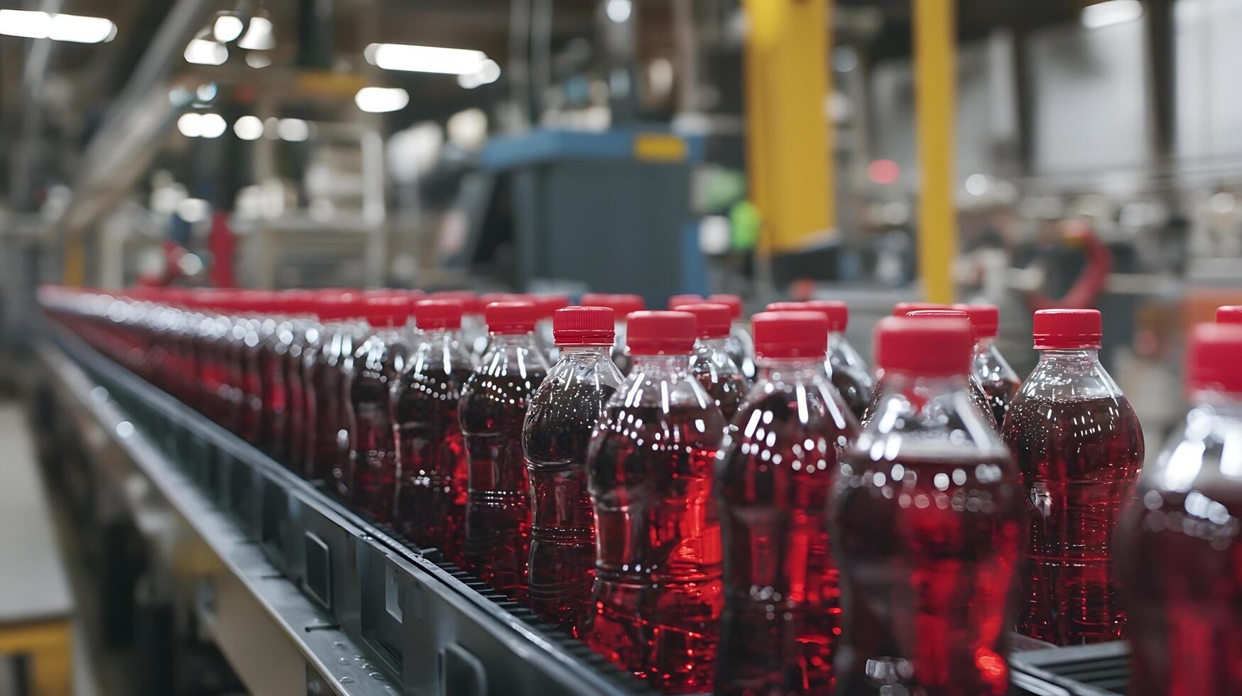 Conveyor Belt of Plastic Bottles Filled with Red Beverage in a Factory photo