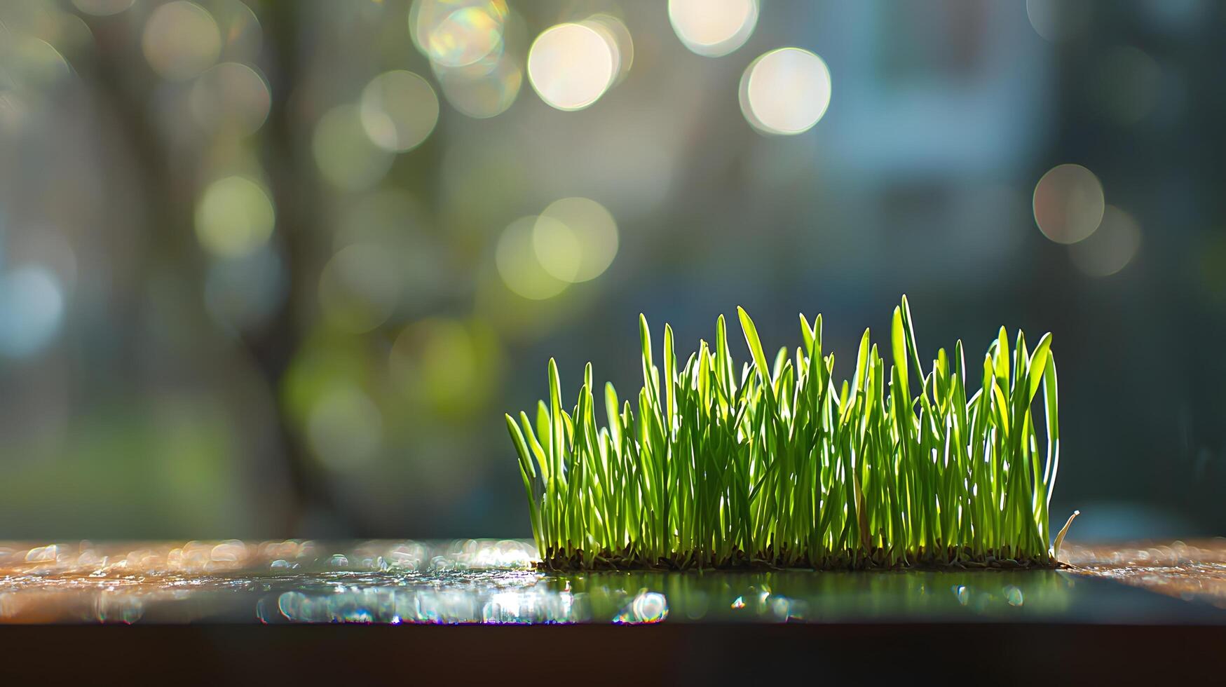 Vibrant Green Spring Grass Shoots on Wooden Surface Nature Background photo