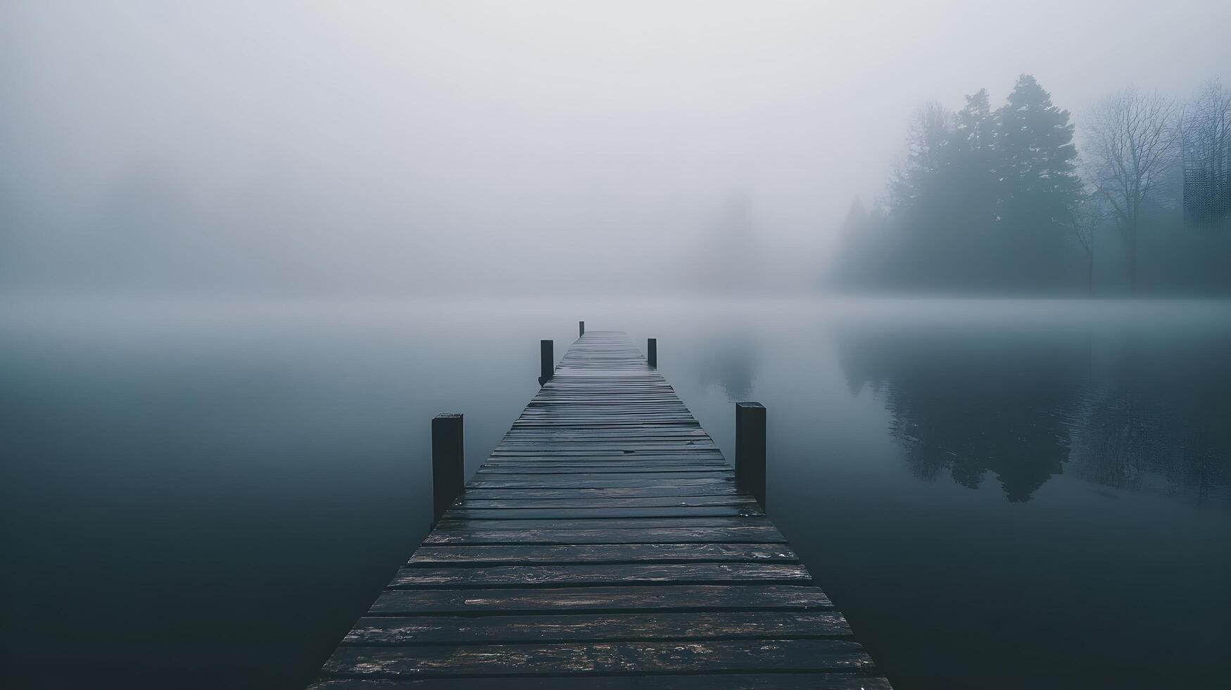 Serene Foggy Lake with Wooden Dock and Misty Trees photo