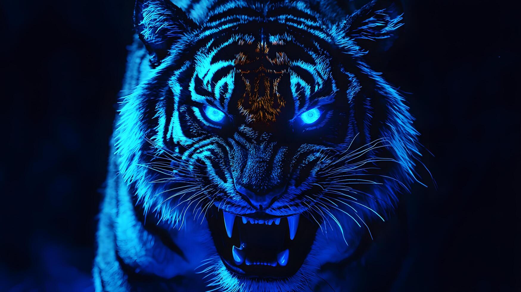 Majestic Glowing Blue Tiger Ferocious Big Cat in Darkness Wildlife Photo