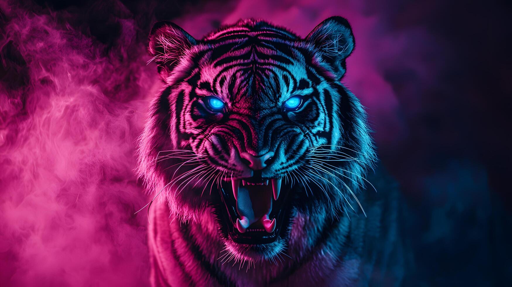 Powerful Roaring Tiger in Neon Pink and Blue Smoke Dramatic Wildlife Closeup photo
