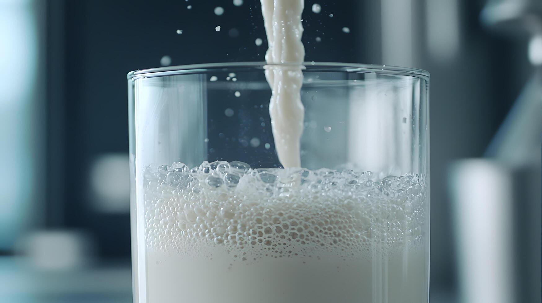 Pouring Fresh Milk into Glass Close up Bubbly Texture Dairy Product Healthy Drink photo
