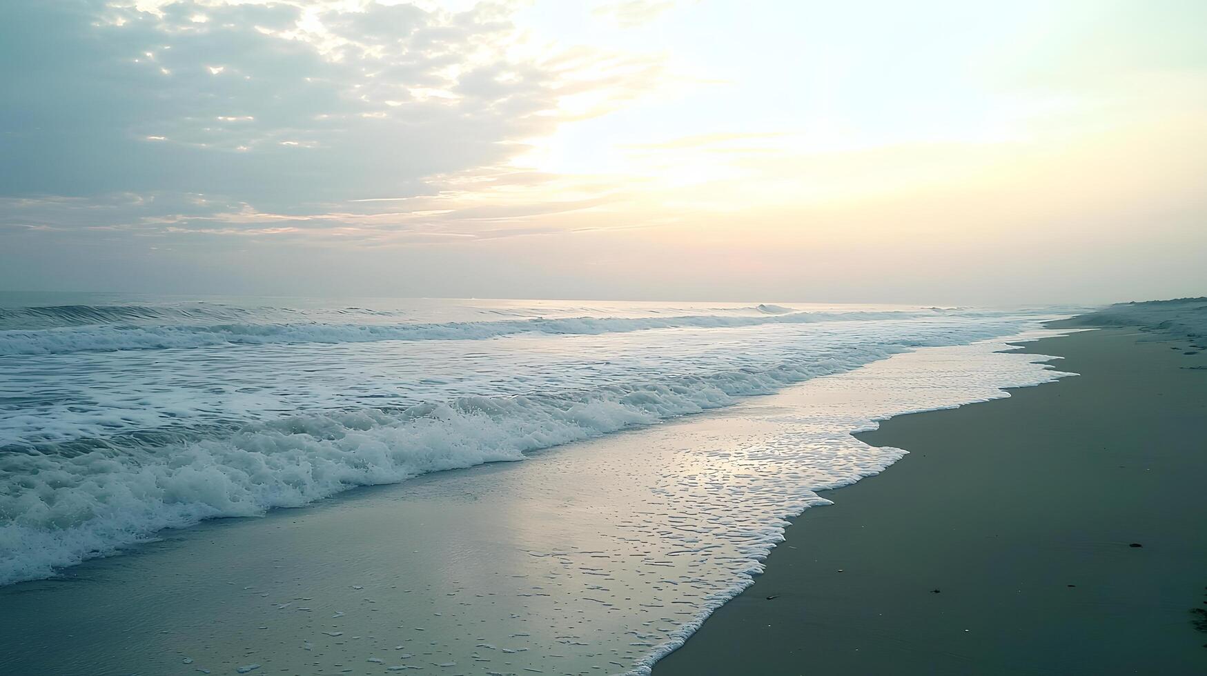 Serene Sunrise Ocean Waves Rolling Onto Sandy Beach Shore photo