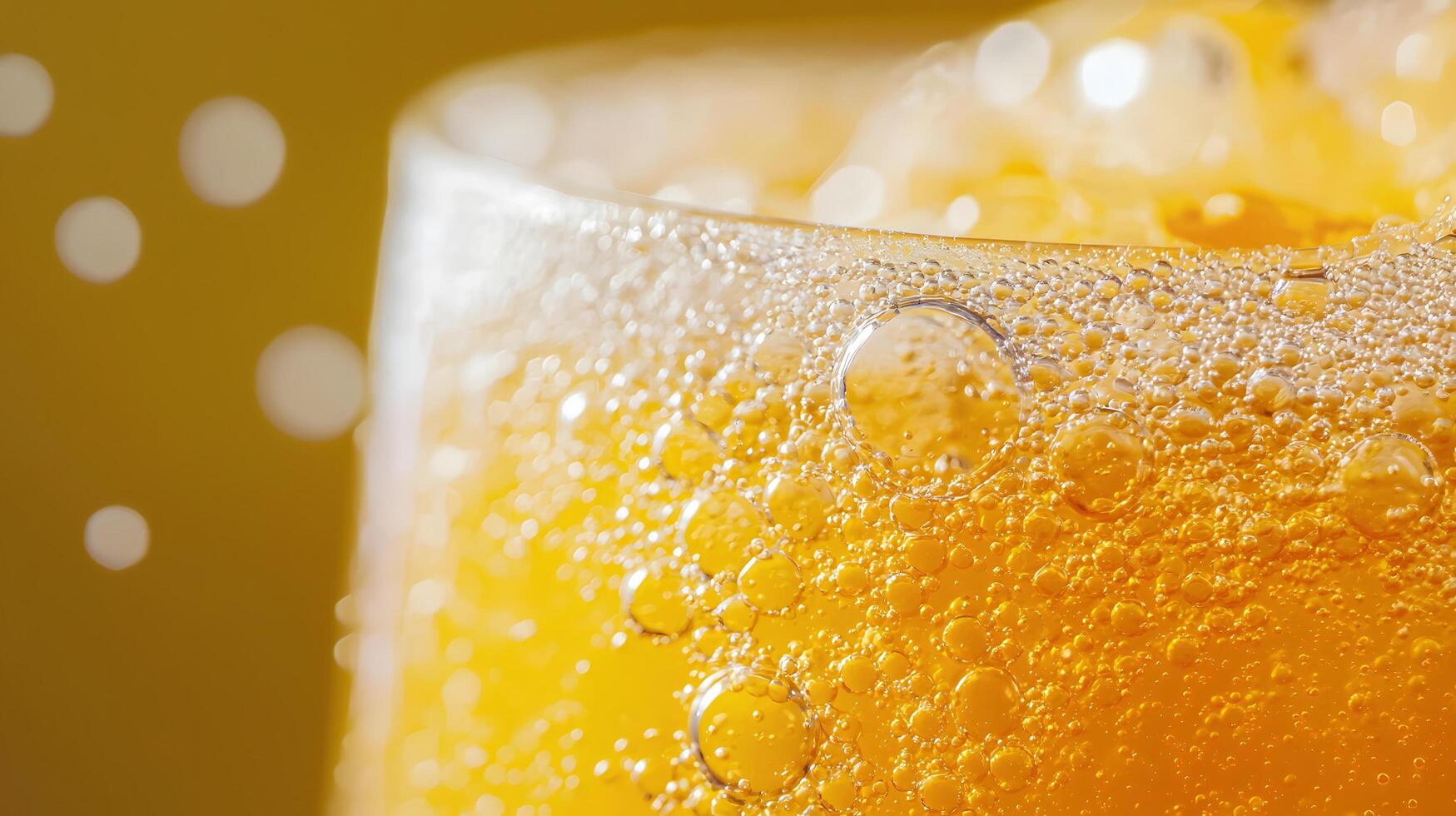 Close up of Sparkling Orange Soda Bubbles in Glass Refreshing Summer Drink Texture photo