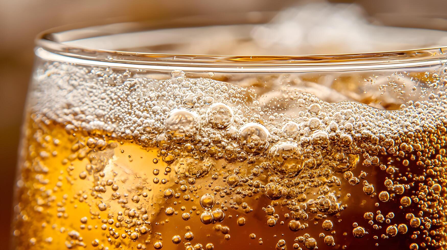 Close up of Sparkling Golden Beverage with Ice Cubes in Glass photo