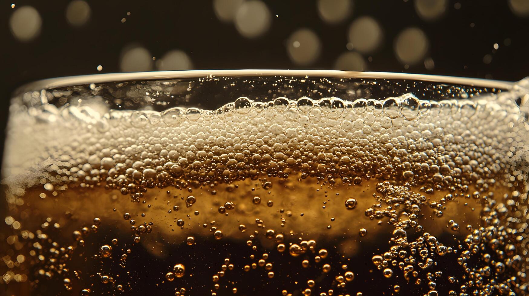 Close up of Sparkling Golden Beverage with Bubbles in Glass photo