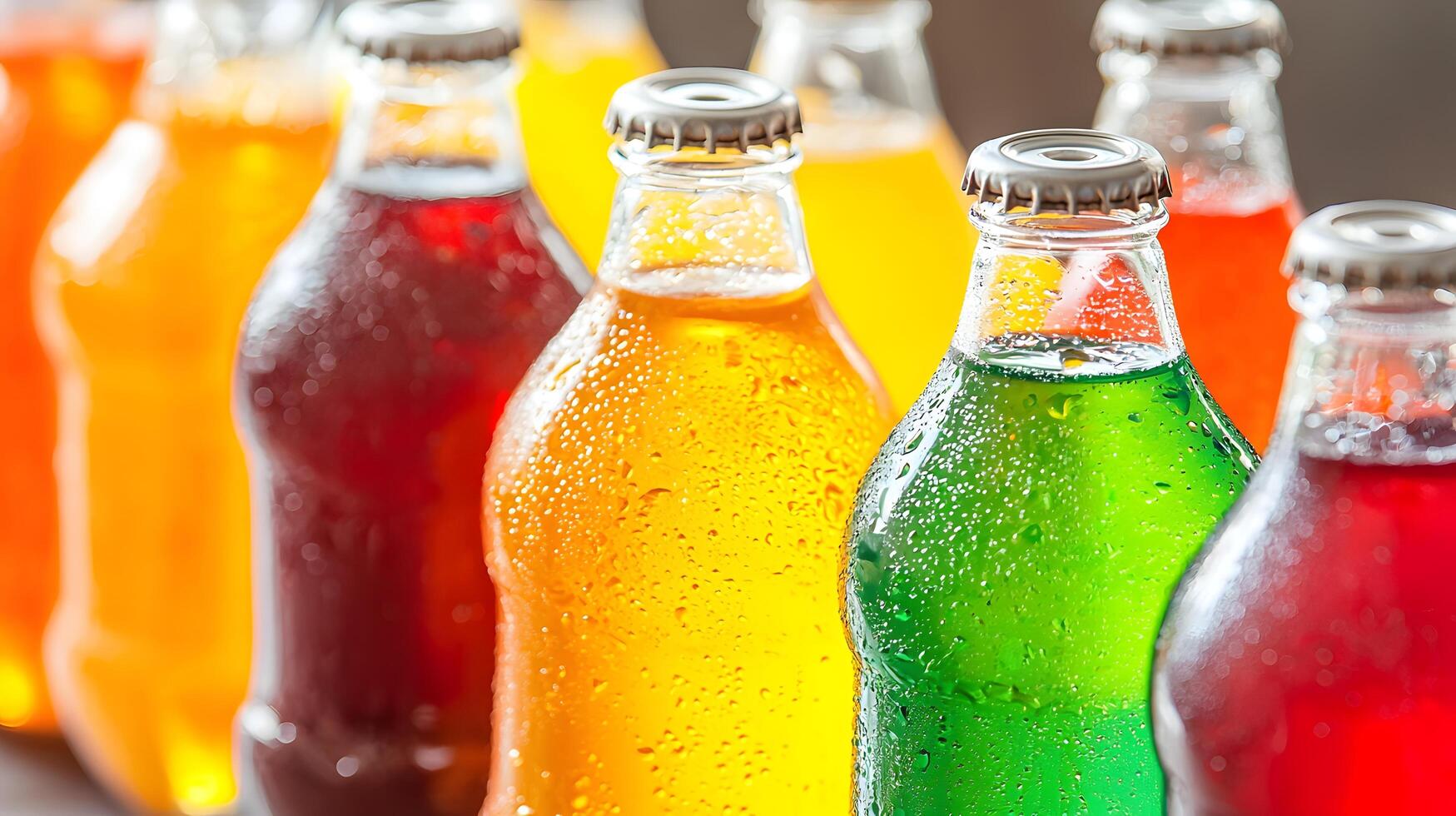 Refreshing Assortment of Colorful Bottled Sodas Sparkling Drinks Summer Beverages photo