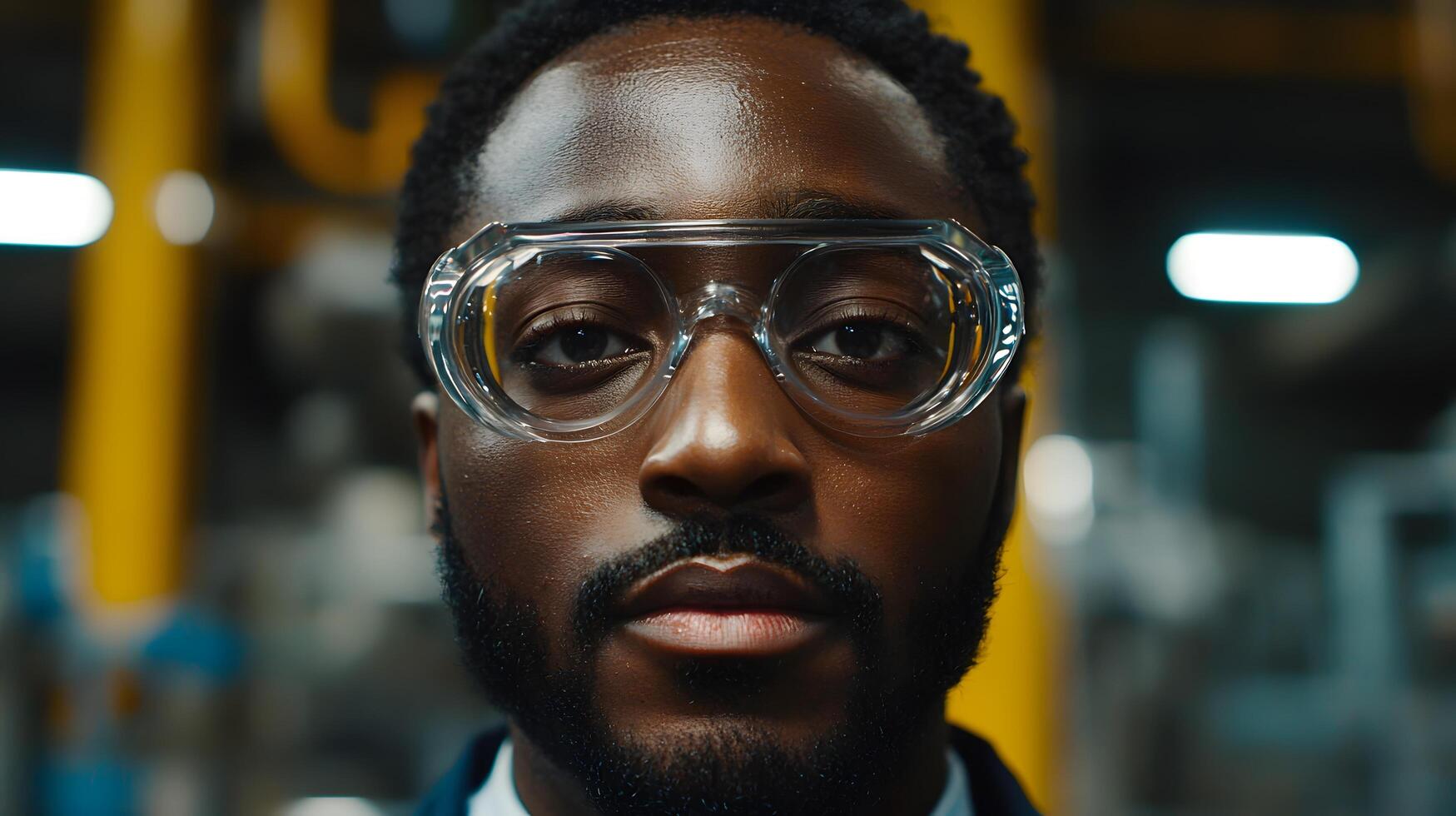 Confident Black Male Industrial Worker Wearing Safety Glasses Close Up Portrait photo