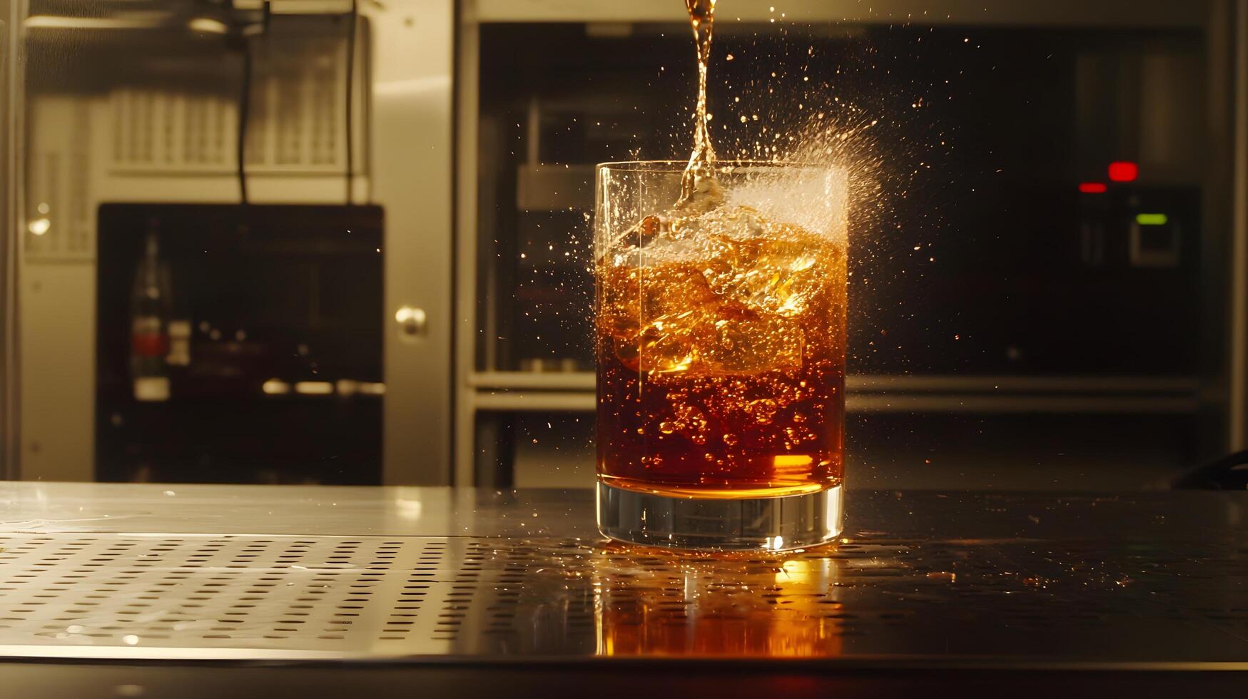 Refreshing Iced Brown Drink Pouring with Splash Bar Setting photo