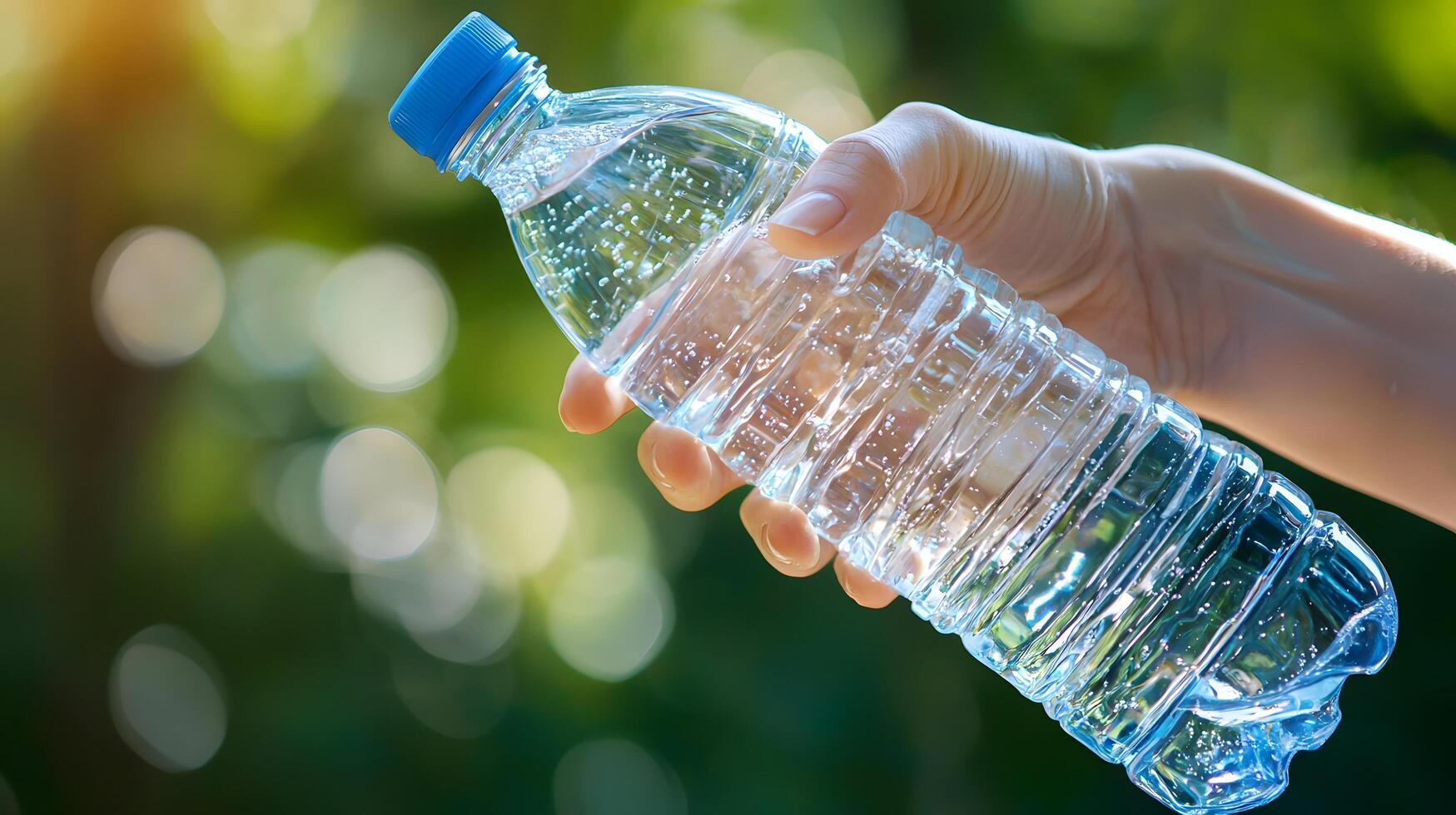 Hand Holding Refreshing Bottled Water Outdoors Sparkling Hydration photo