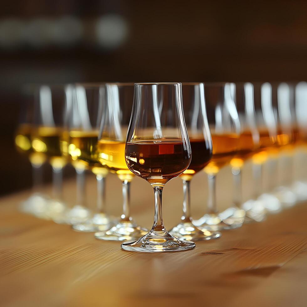 Row of Tasting Glasses with Golden Amber Alcoholic Beverages on Wooden Table photo
