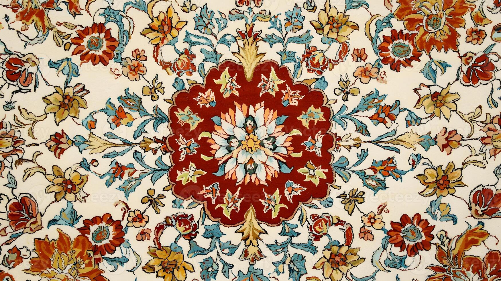 Intricate Floral Persian Rug Design Cream Red Detailed Textile Pattern Oriental Carpet Texture photo