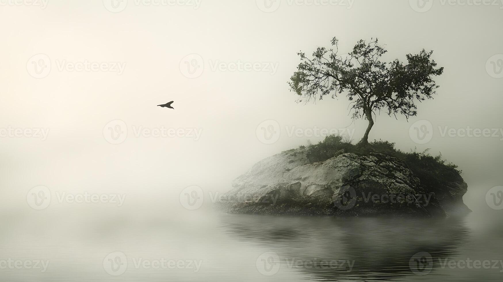 Serene Misty Landscape Solitary Tree on Island Bird in Flight Foggy Water photo