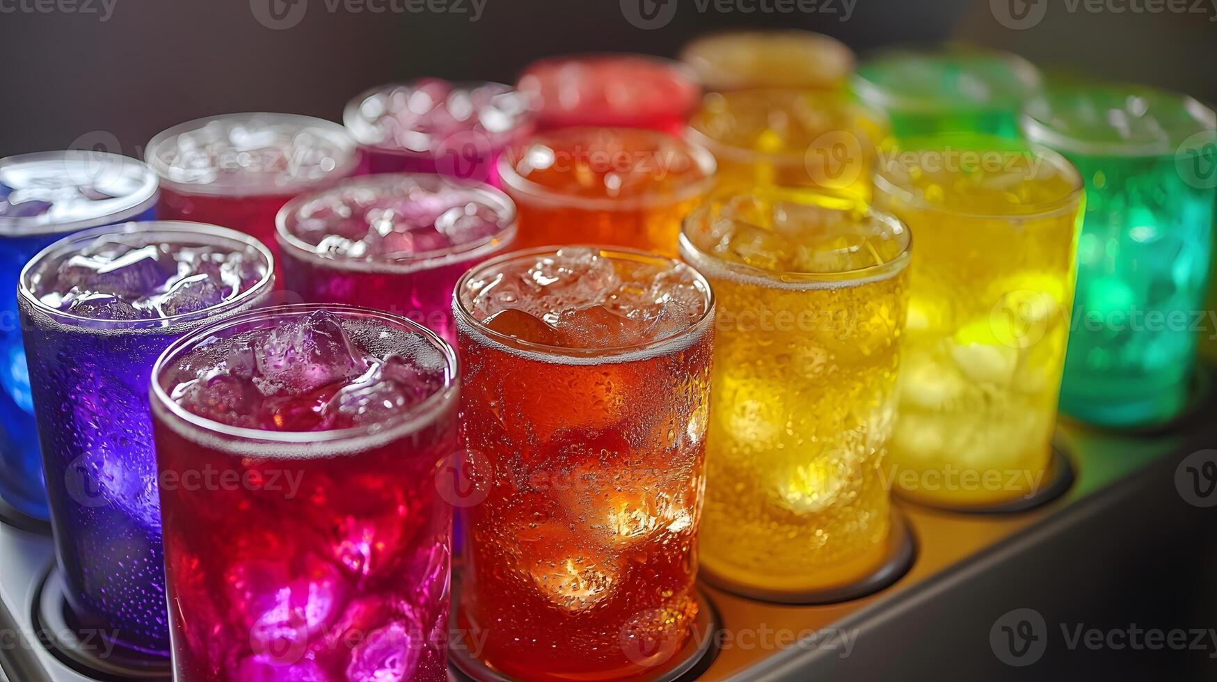 Colorful Ice Cold Drinks in Glasses Refreshing Summer Beverages Rainbow Soda photo