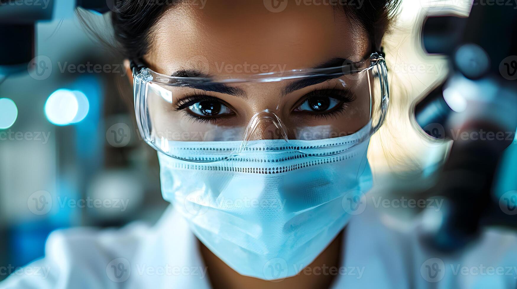 Focused Female Scientist in Lab Wearing Protective Gear Microscope Research photo