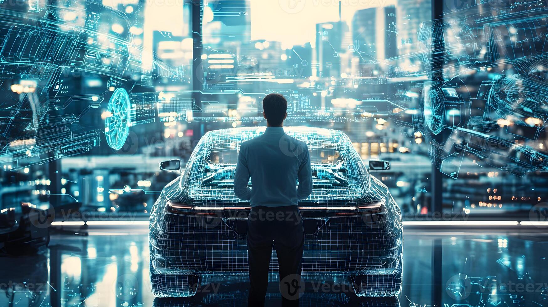 Futuristic Car Design Engineer Reviewing Digital Model of Electric Vehicle in Modern Cityscape photo