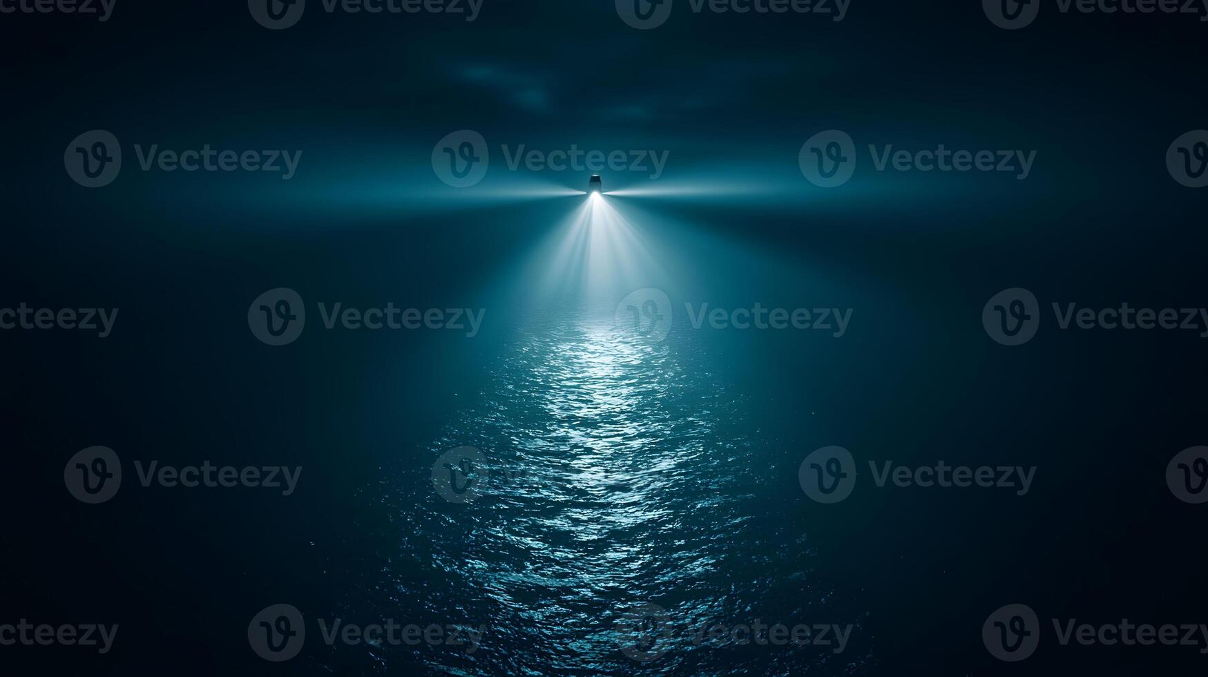 Lighthouse Beam Cutting Through Night Ocean Fog Dramatic Seascape photo