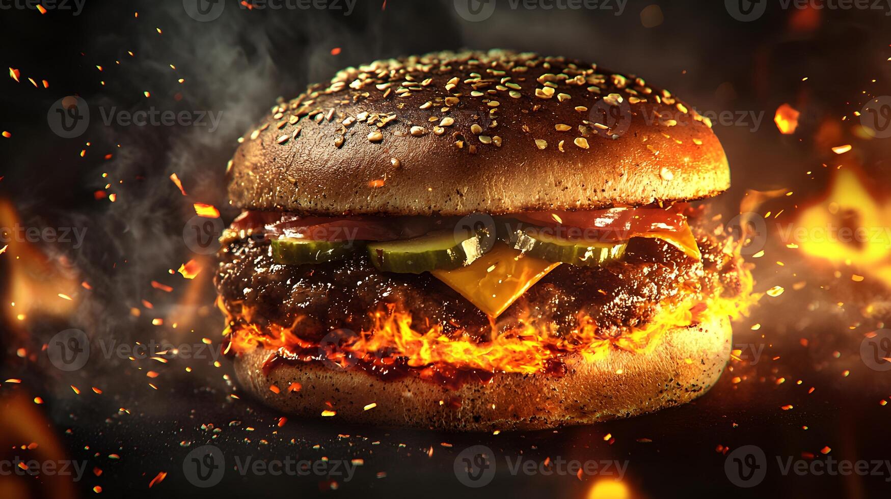 Flaming Hot Burger Delicious Cheeseburger on Fire with Pickles and Sesame Bun photo