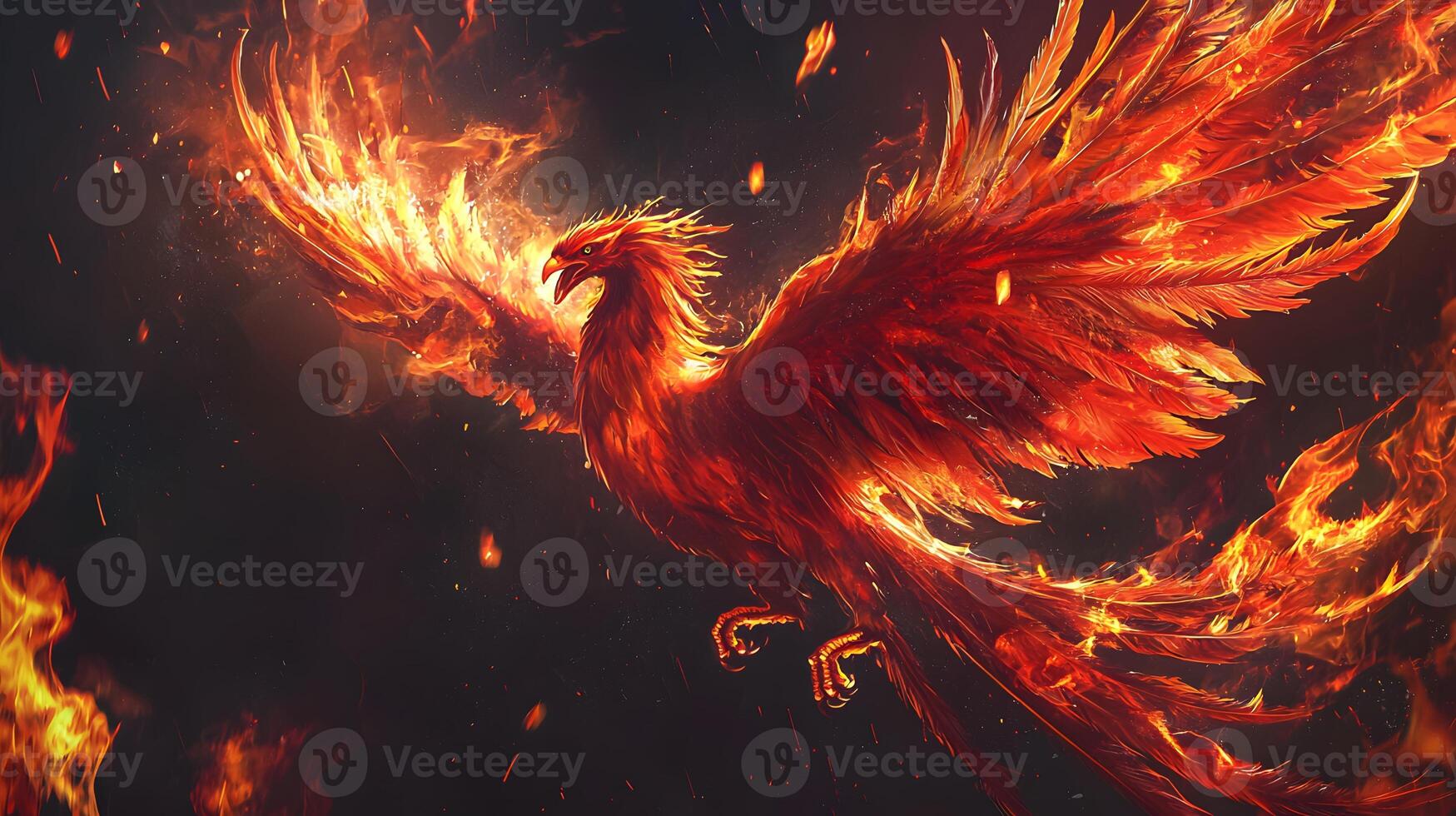 Fiery Phoenix Bird in Flight Mythological Creature Fantasy Art Burning Wings photo