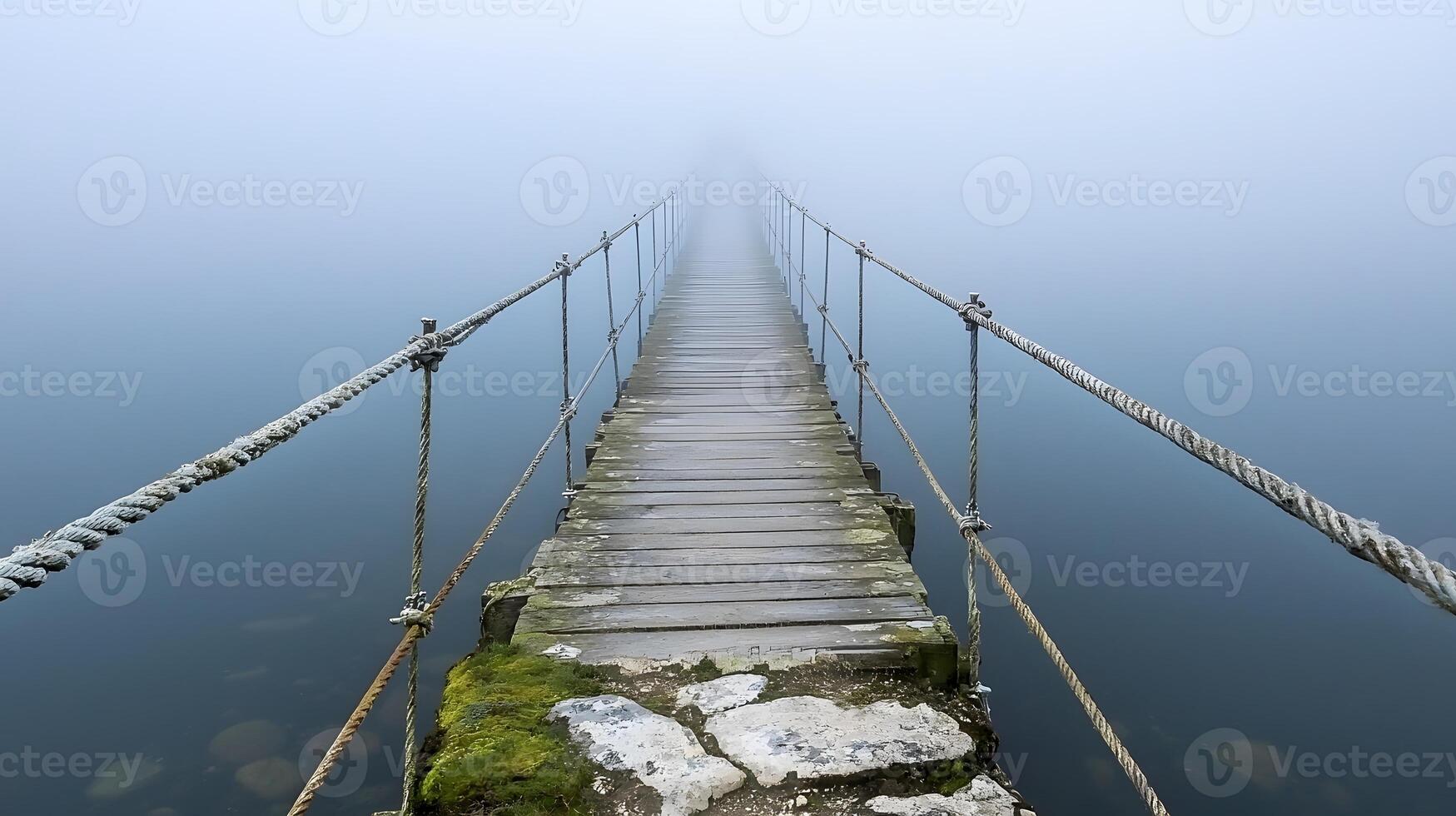 Misty Wooden Footbridge Over Calm Water Rope Railings Foggy Atmosphere Serene Landscape photo