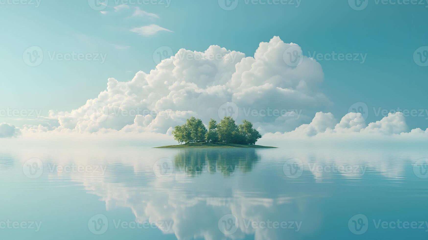 Serene Island Landscape Tranquil Ocean Lush Trees and Fluffy Clouds photo
