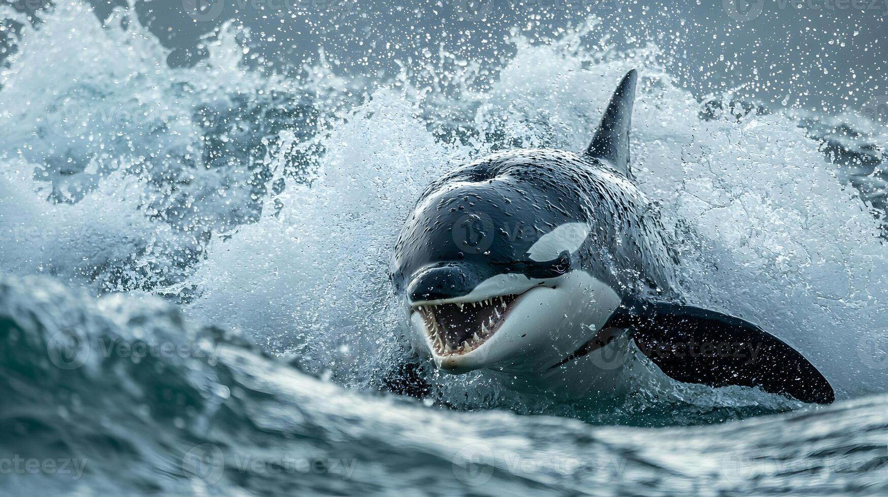 Orca Whale Surfacing Through Ocean Waves Powerful Aquatic Mammal in Action photo