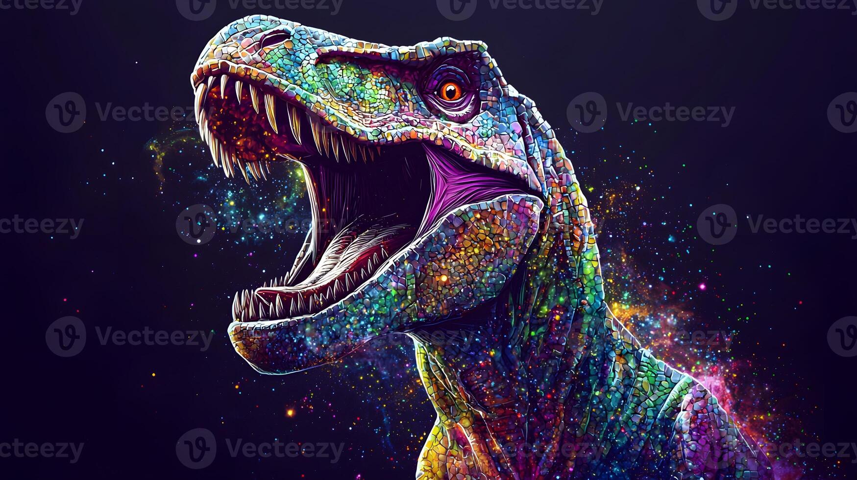 Vibrant Mosaic Tyrannosaurus Rex Dinosaur Art Cosmic Background Roaring Predator photo