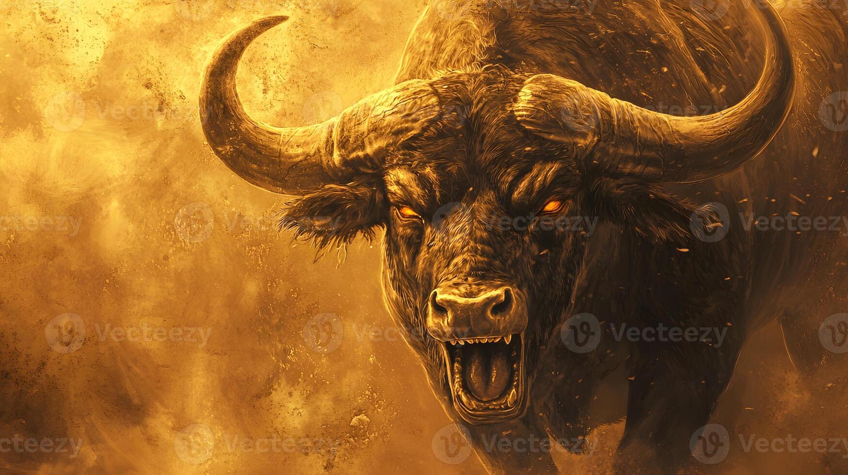 Powerful Angry Bull Charging Through Dust Cloud Fierce Animal Mythological Creature photo