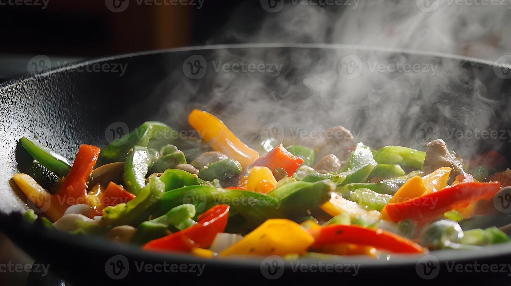 Steaming Hot Stir fried Vegetable Medley in Wok Close up Food Photography photo