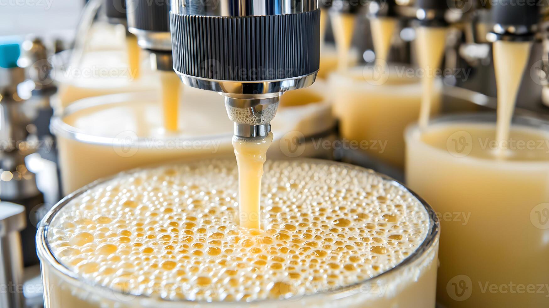 Automated Beverage Production Line Close up of Creamy Liquid Filling Process photo
