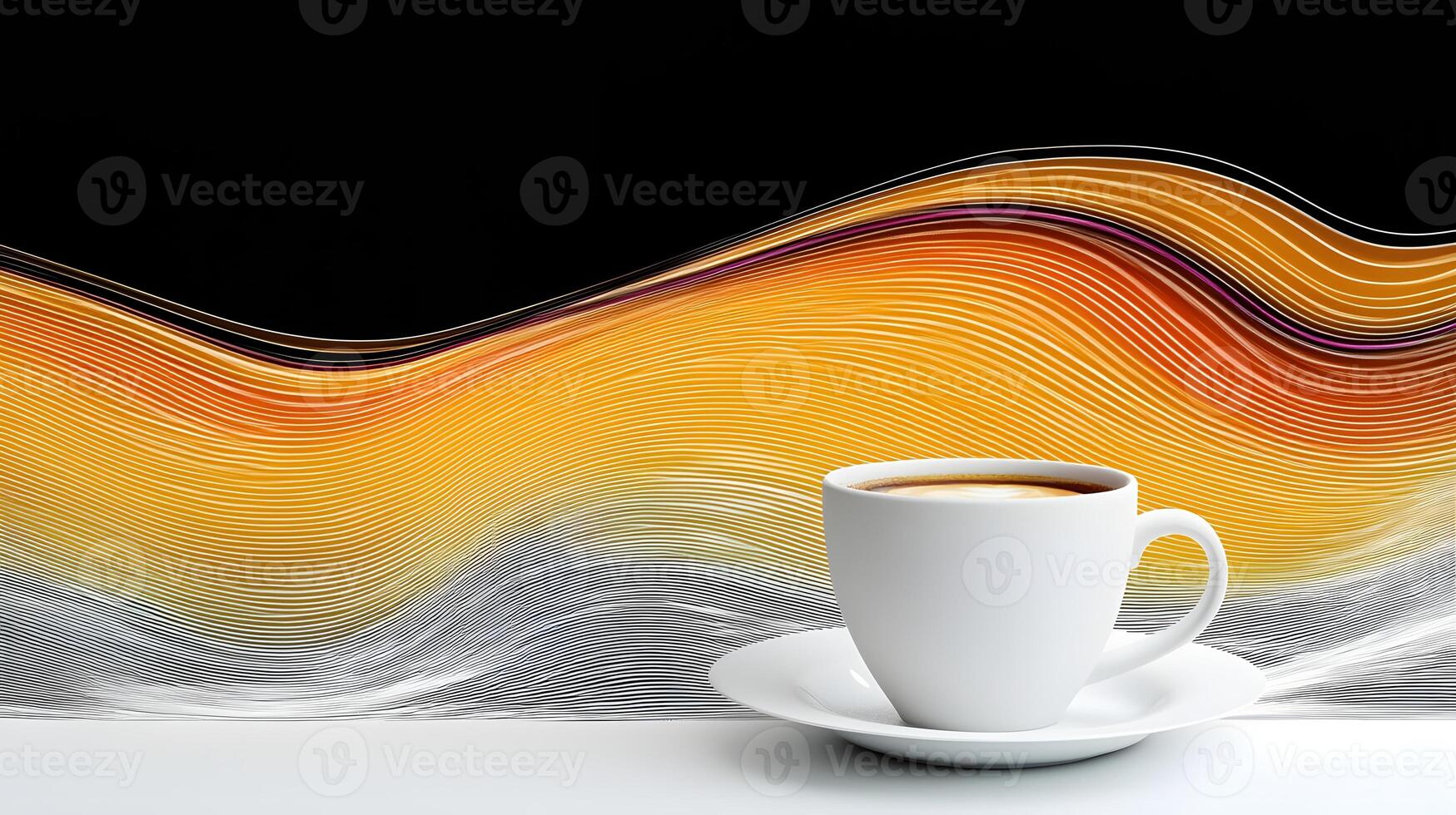 Cappuccino Coffee Cup on Saucer with Abstract Wave Background Design photo
