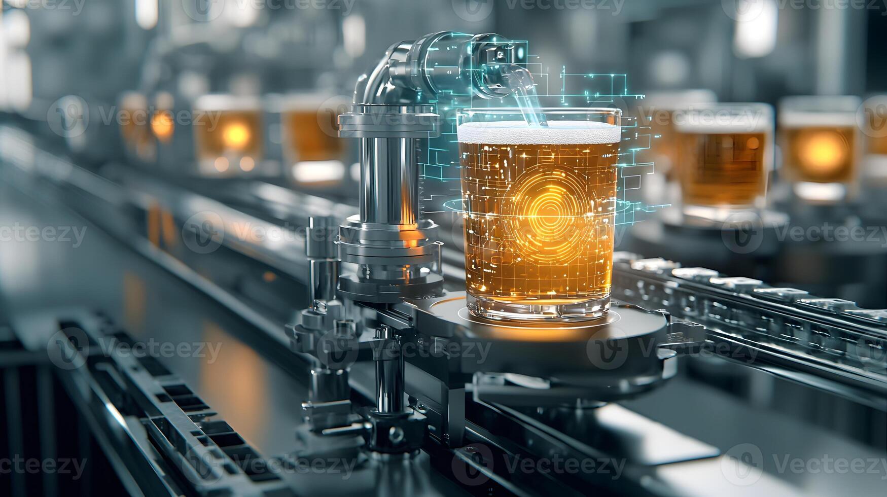 Automated Beer Production Line Smart Technology Filling Glass of Beer on Conveyor Belt photo