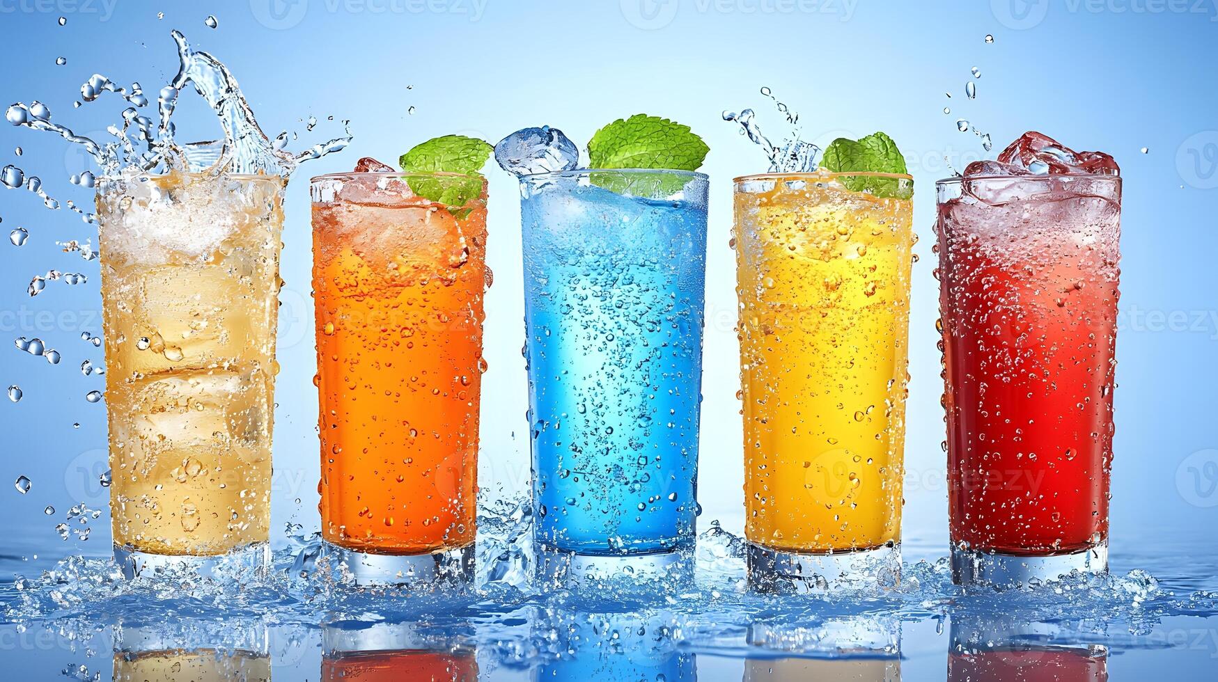 Refreshing Summer Drinks Colorful Soda in Glasses with Ice and Mint photo