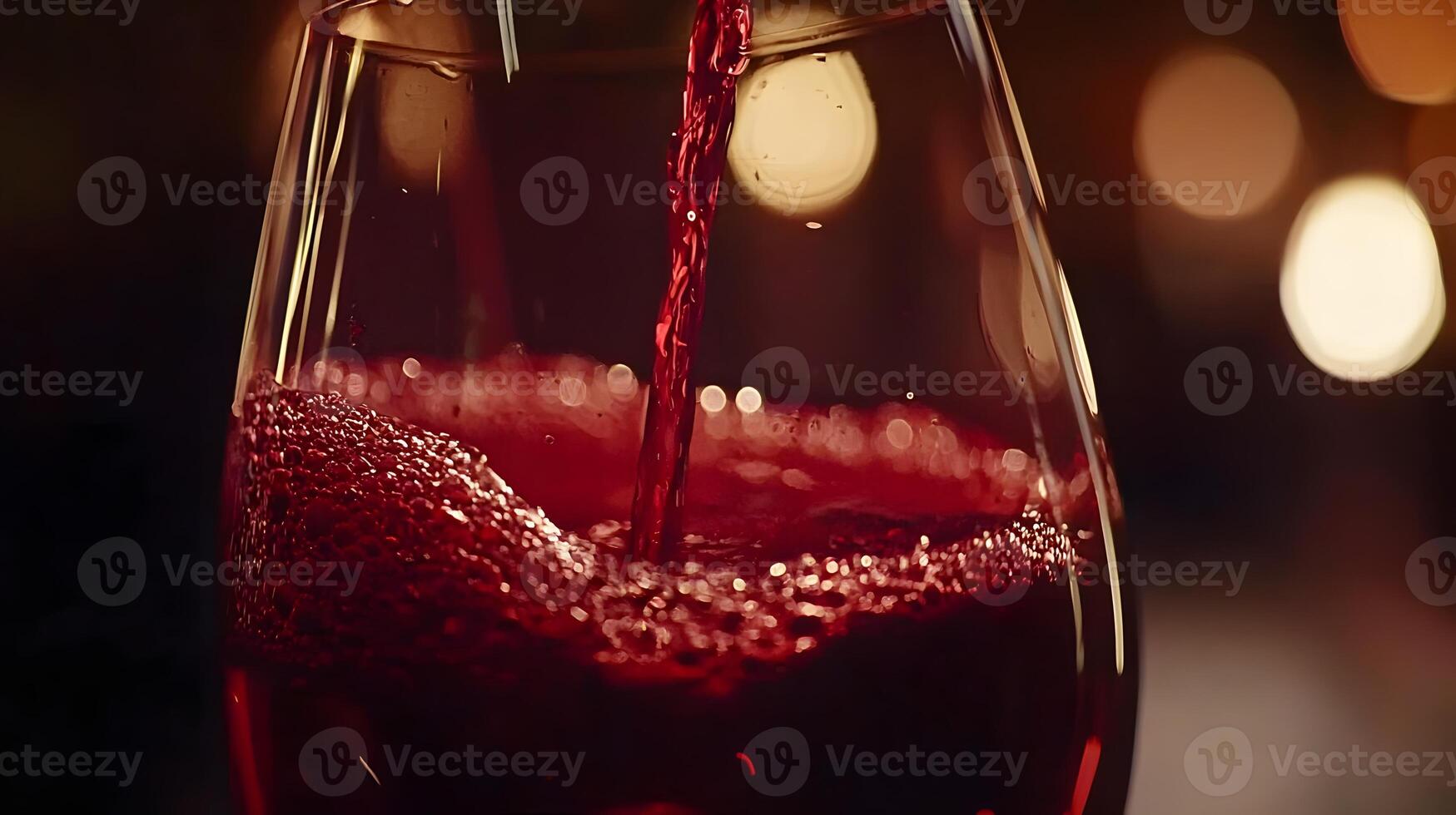 Red Wine Pouring into Crystal Glass Close up Bubbles Festive Bokeh Background photo
