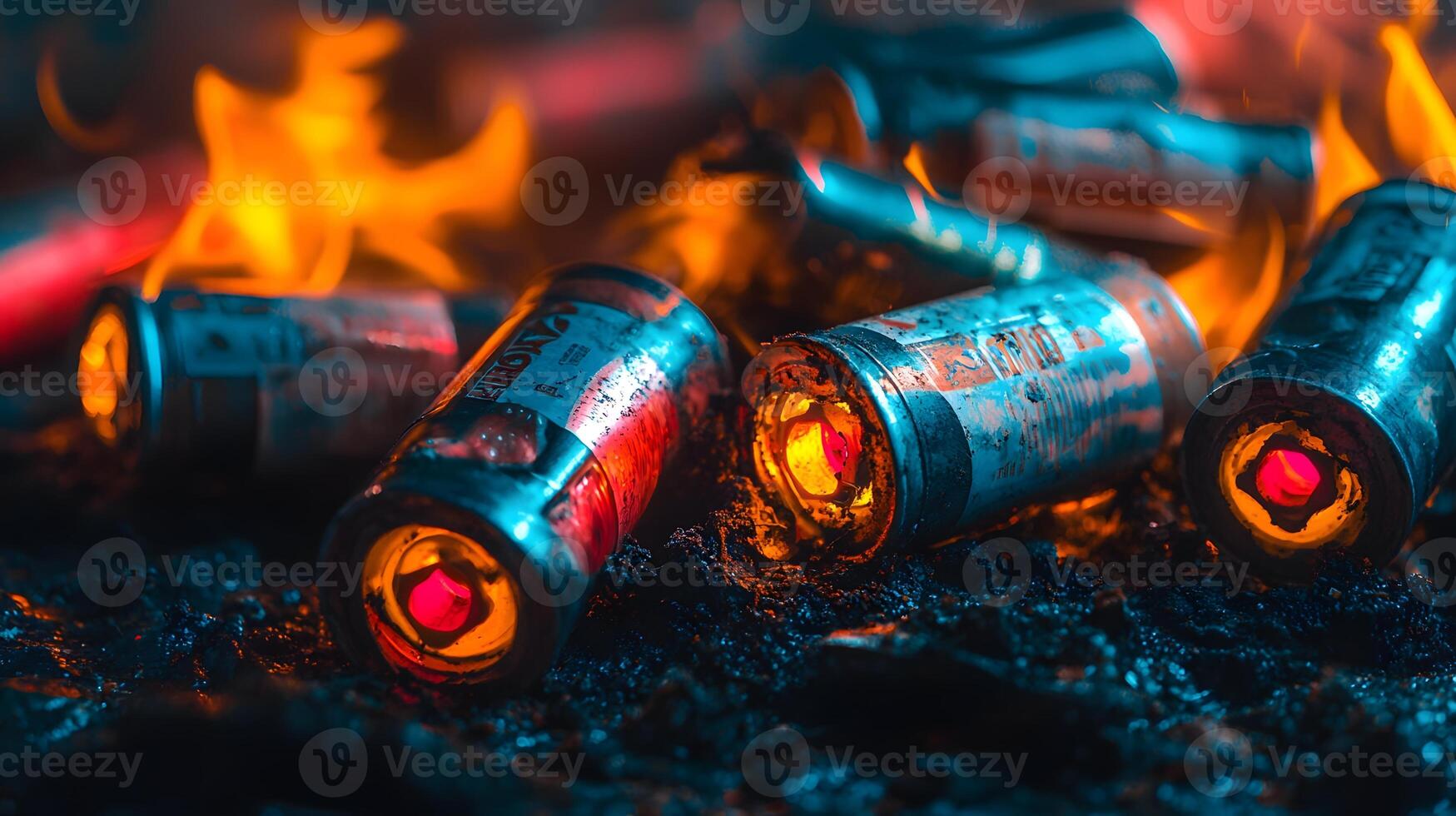 Burning Energy Drink Cans in Fiery Inferno Close up Abstract photo