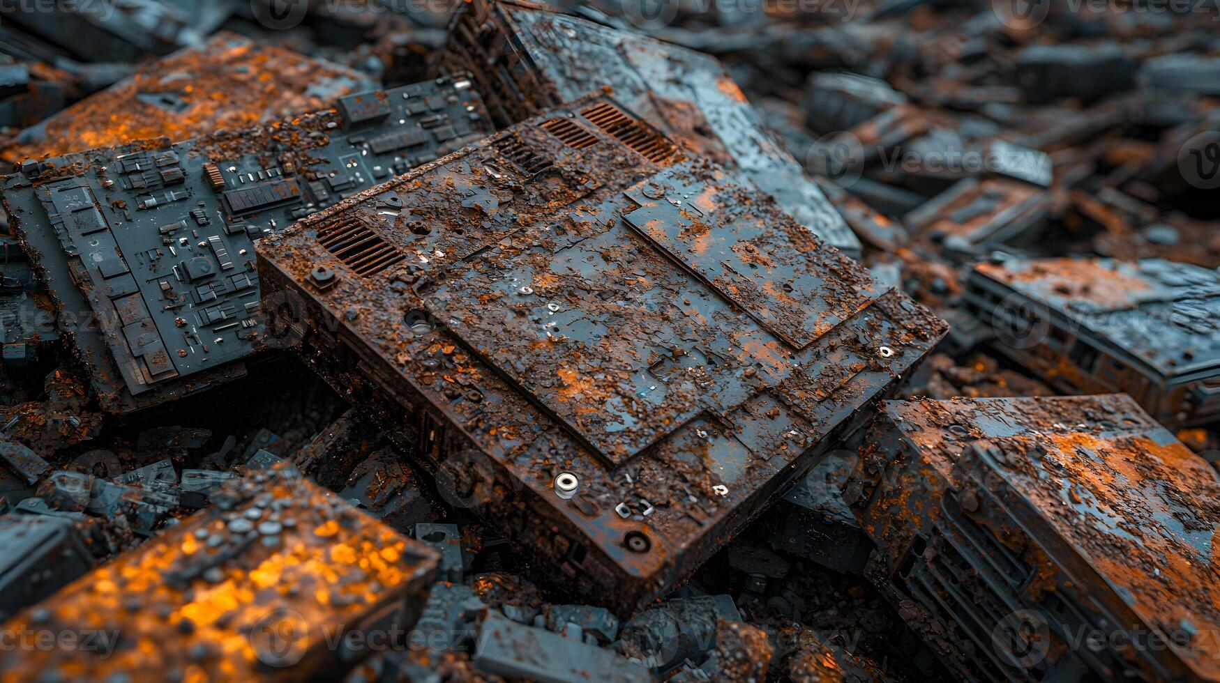 Corroded Electronic Waste Pile Rusting Circuit Boards Tech Scrap E waste Disposal Recycling photo