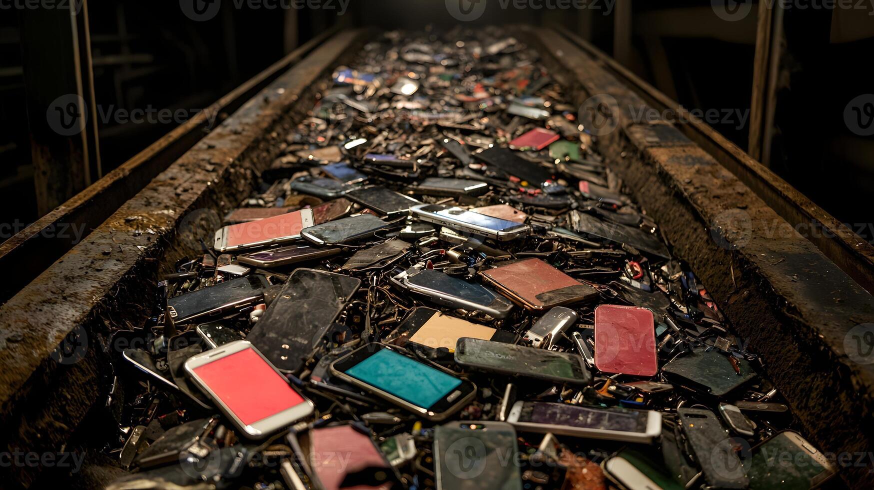 Mountains of Discarded Cell Phones on Conveyor Belt at Recycling Plant photo