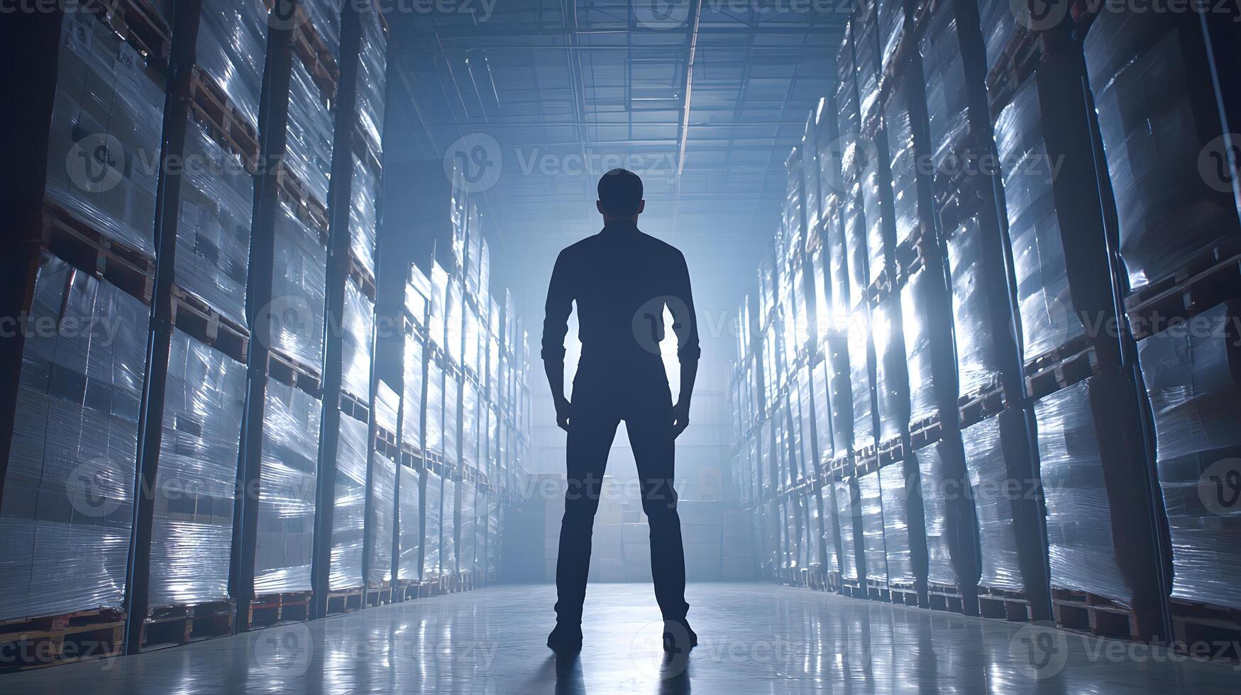 Silhouette of Man Standing in Large Warehouse Rows of Pallets Logistics Inventory Management photo