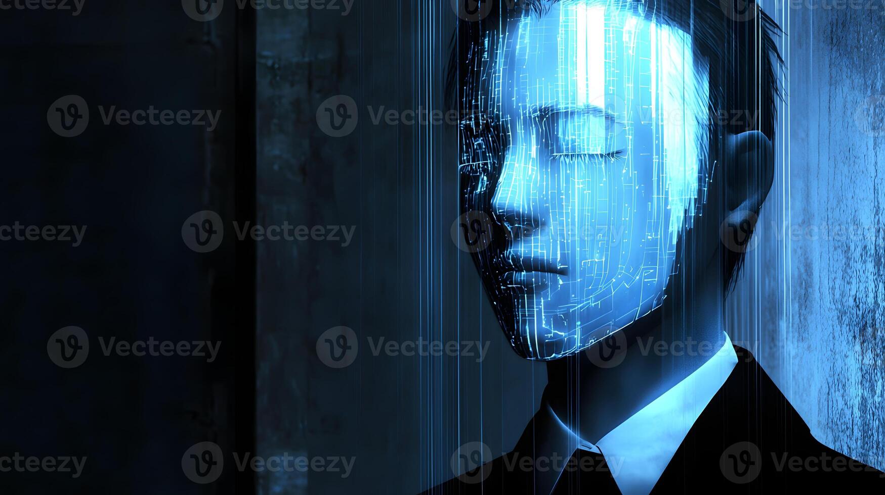 Digital Overlay on Man s Face Futuristic Technology AI Concept Abstract Portrait photo