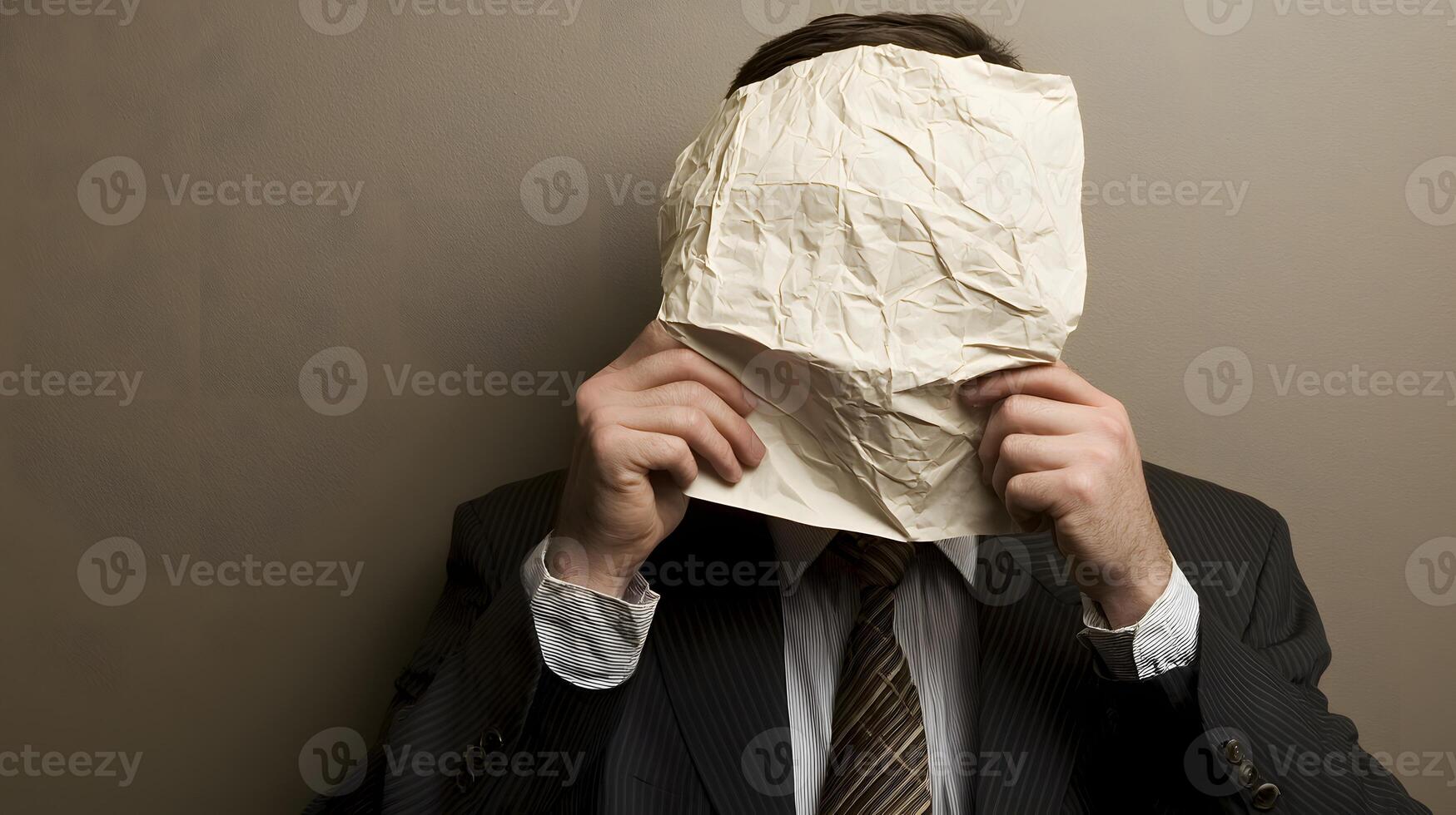 Anonymous Businessman Hiding Face with Crumpled Paper Concealed Identity Secret photo