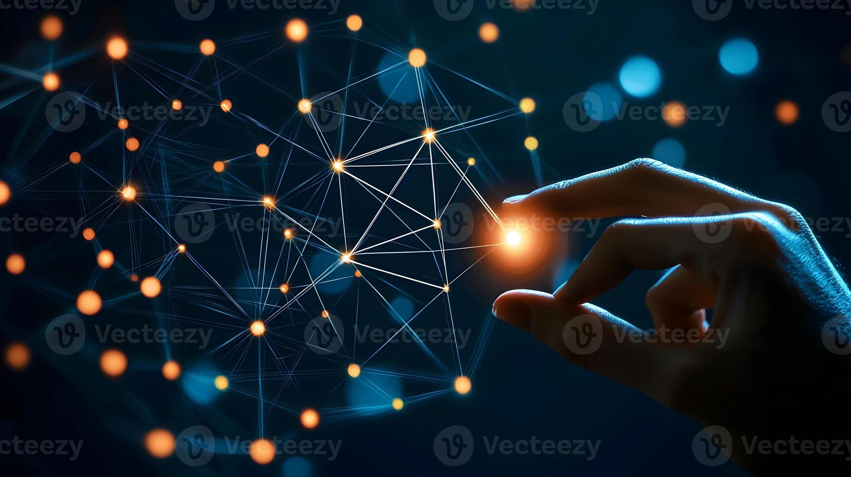 Hand Interacting with Glowing Network Global Connectivity Digital Technology Concept photo