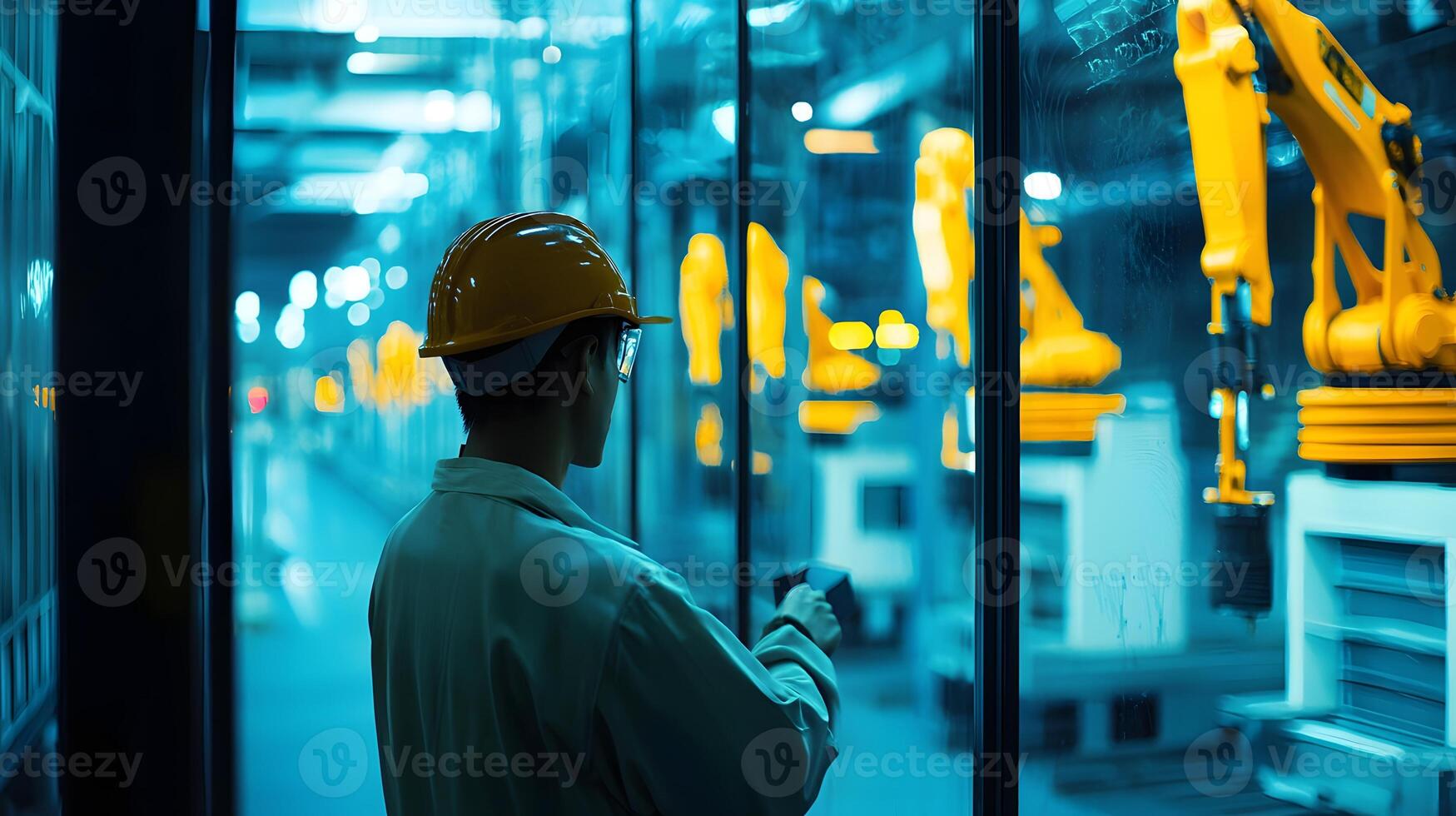 Industrial Worker Monitoring Automated Robotic Arm Production Line in Modern Factory photo