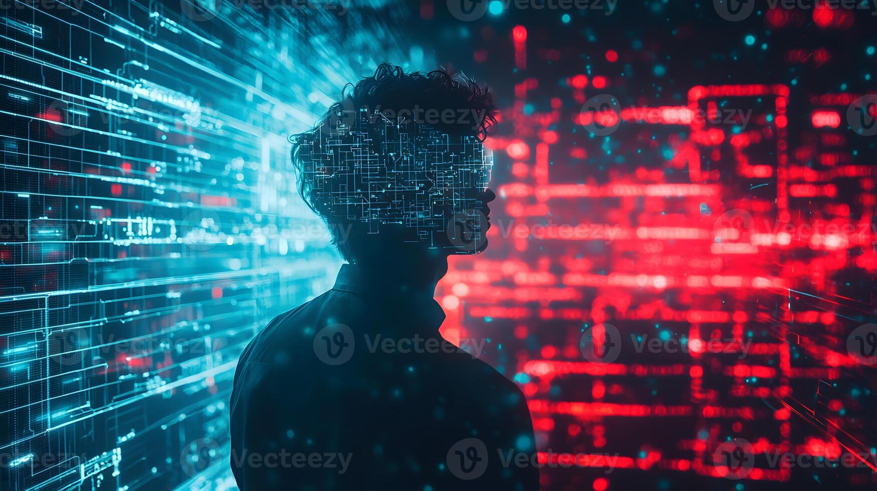 Futuristic Metaverse Concept Person Silhouette with Digital Data Streams Cyberspace and Technology photo