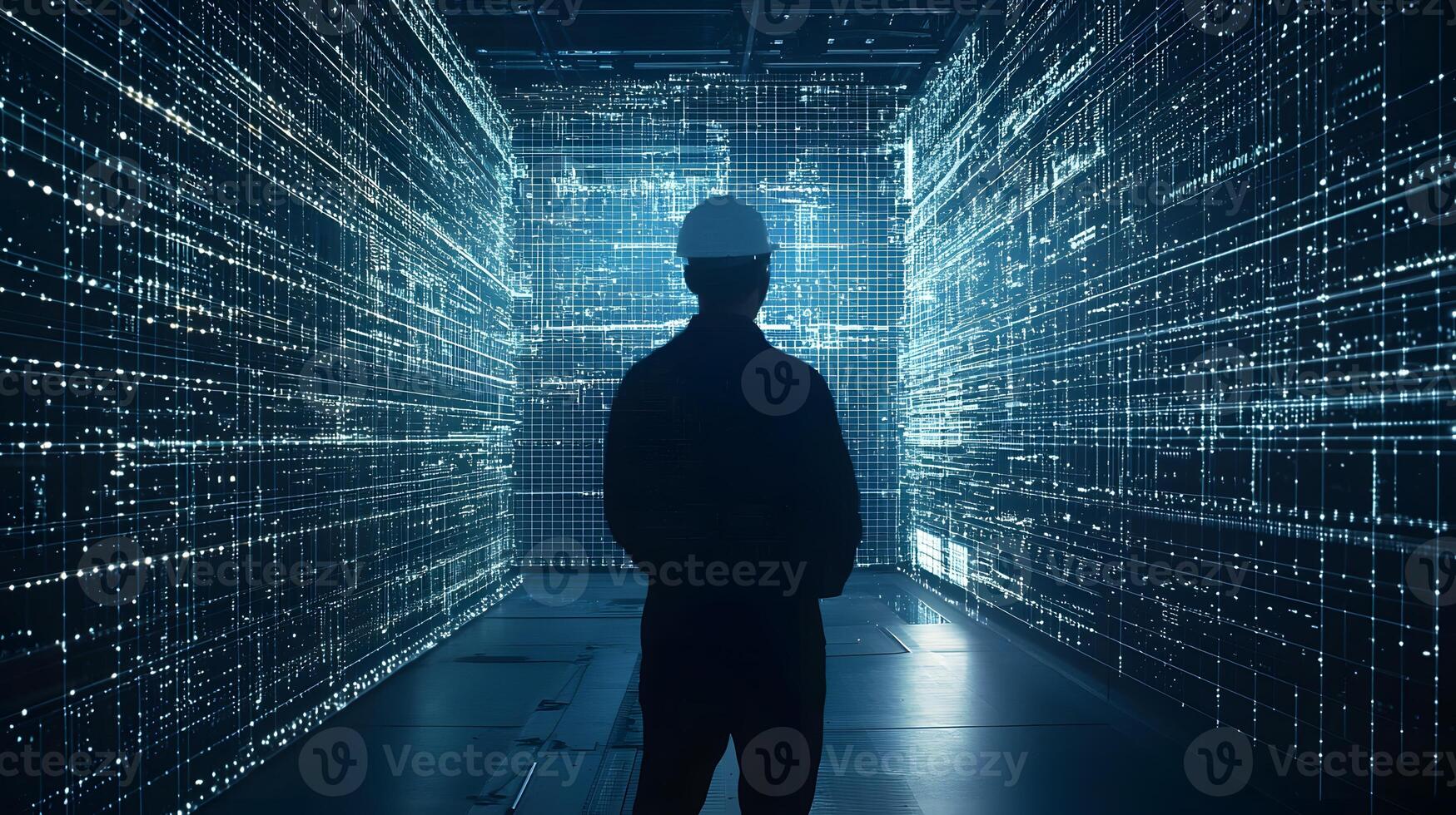 Engineer Observing Futuristic Digital Data Streams in a Virtual Reality Environment photo