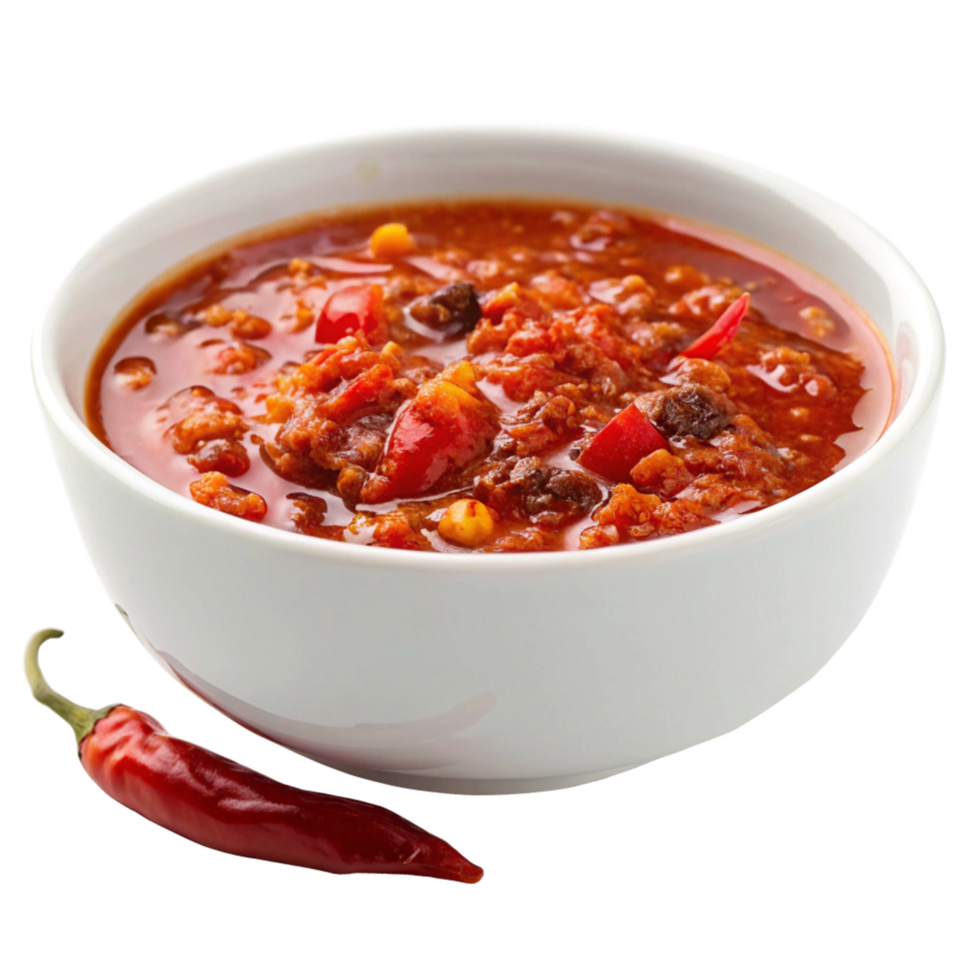 Delicious and Spicy Chili Bowl with a Fresh Red Chili Pepper png