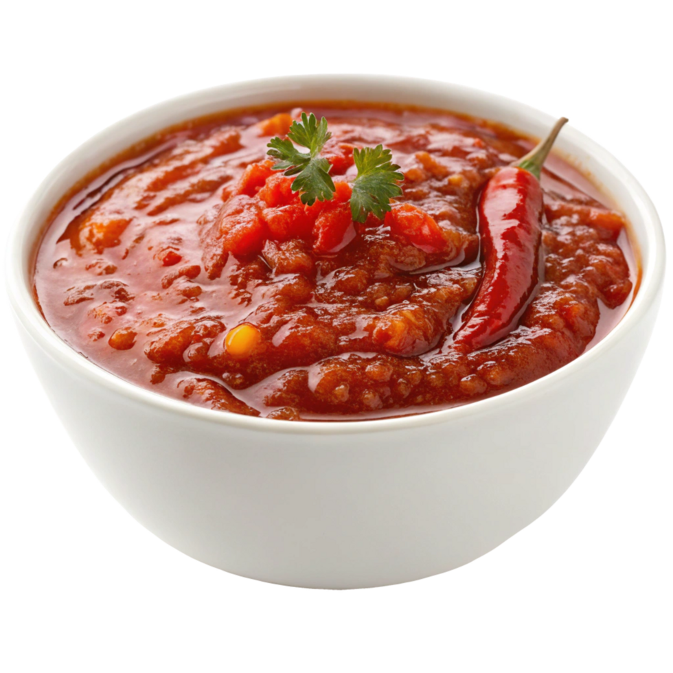 Spicy Red Salsa in a White Bowl with Cilantro and Chili Pepper Garnish png