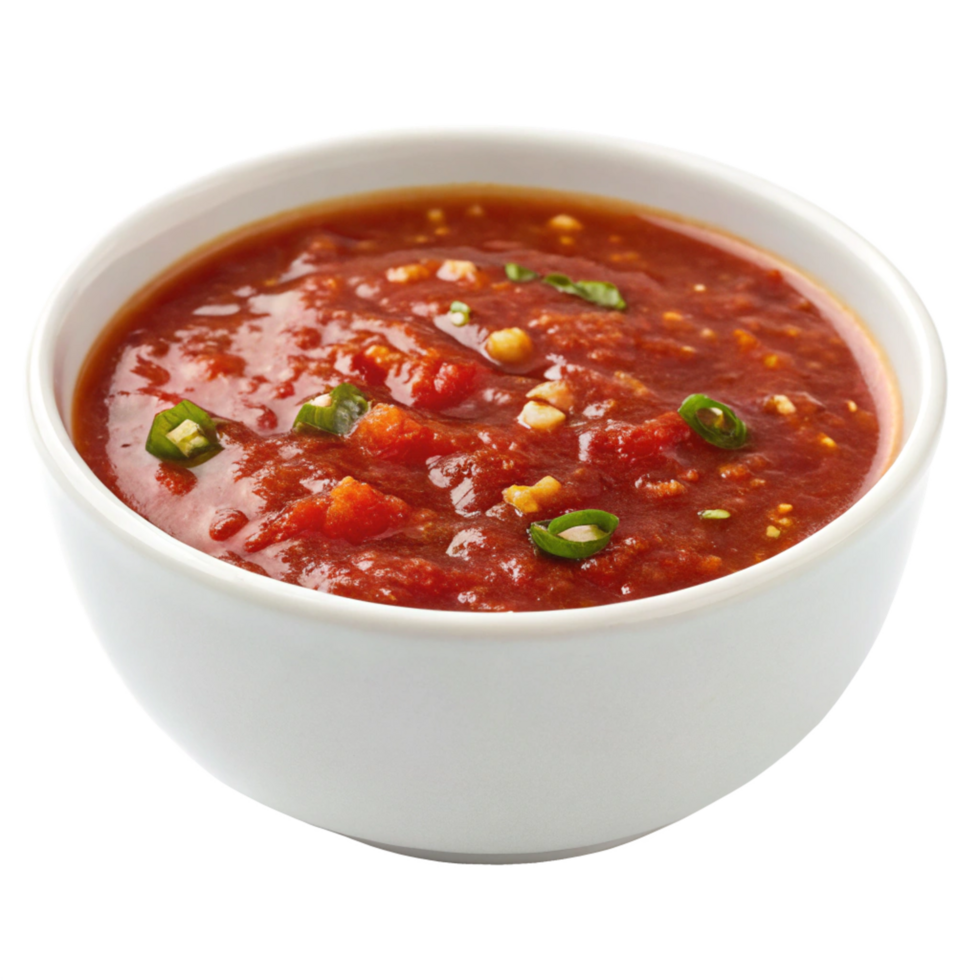 Delicious Homemade Red Salsa in a White Bowl A Spicy and Flavorful Tomato Based Dip Perfect for Nachos Tacos or any Mexican Dish png