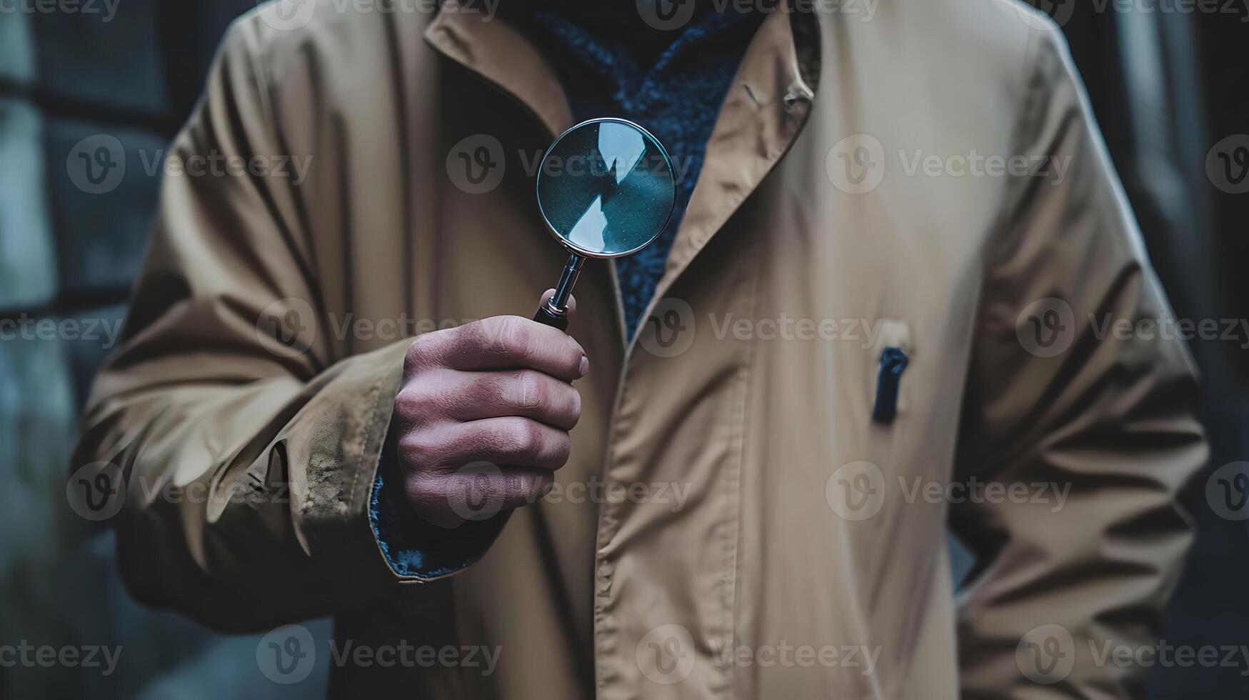 Person in Beige Jacket Holding Magnifying Glass Close Up Investigation Concept photo
